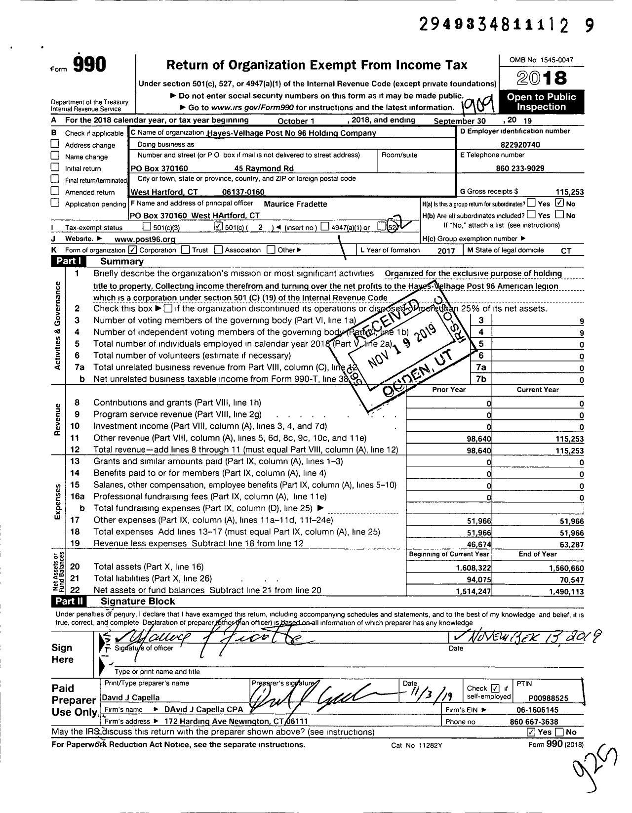 Image of first page of 2018 Form 990O for Hayes- Velhage Post No 96 Holding Company