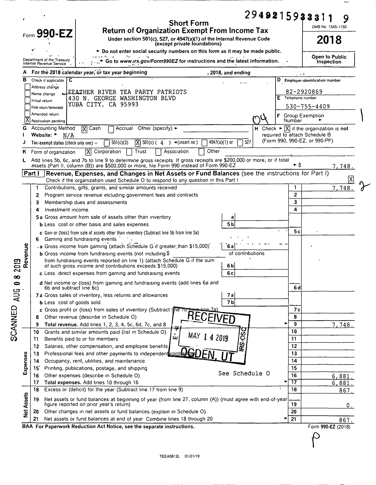 Image of first page of 2018 Form 990EO for Feather River Tea Party Patriots