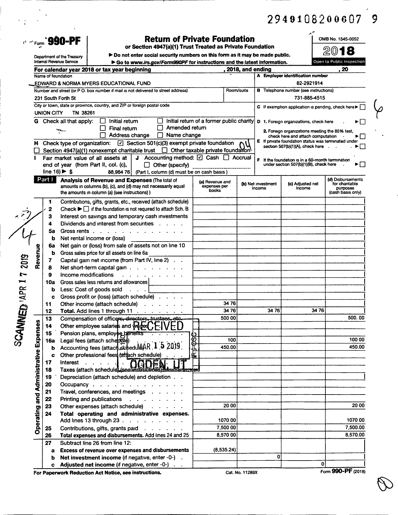 Image of first page of 2018 Form 990PF for Edward and Norma Myers Ed Fund