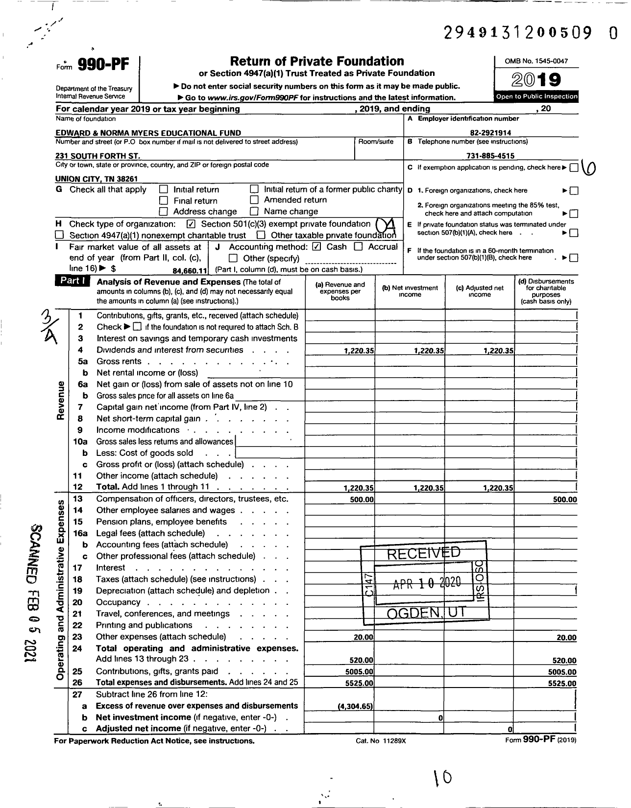 Image of first page of 2019 Form 990PF for Edward and Norma Myers Ed Fund