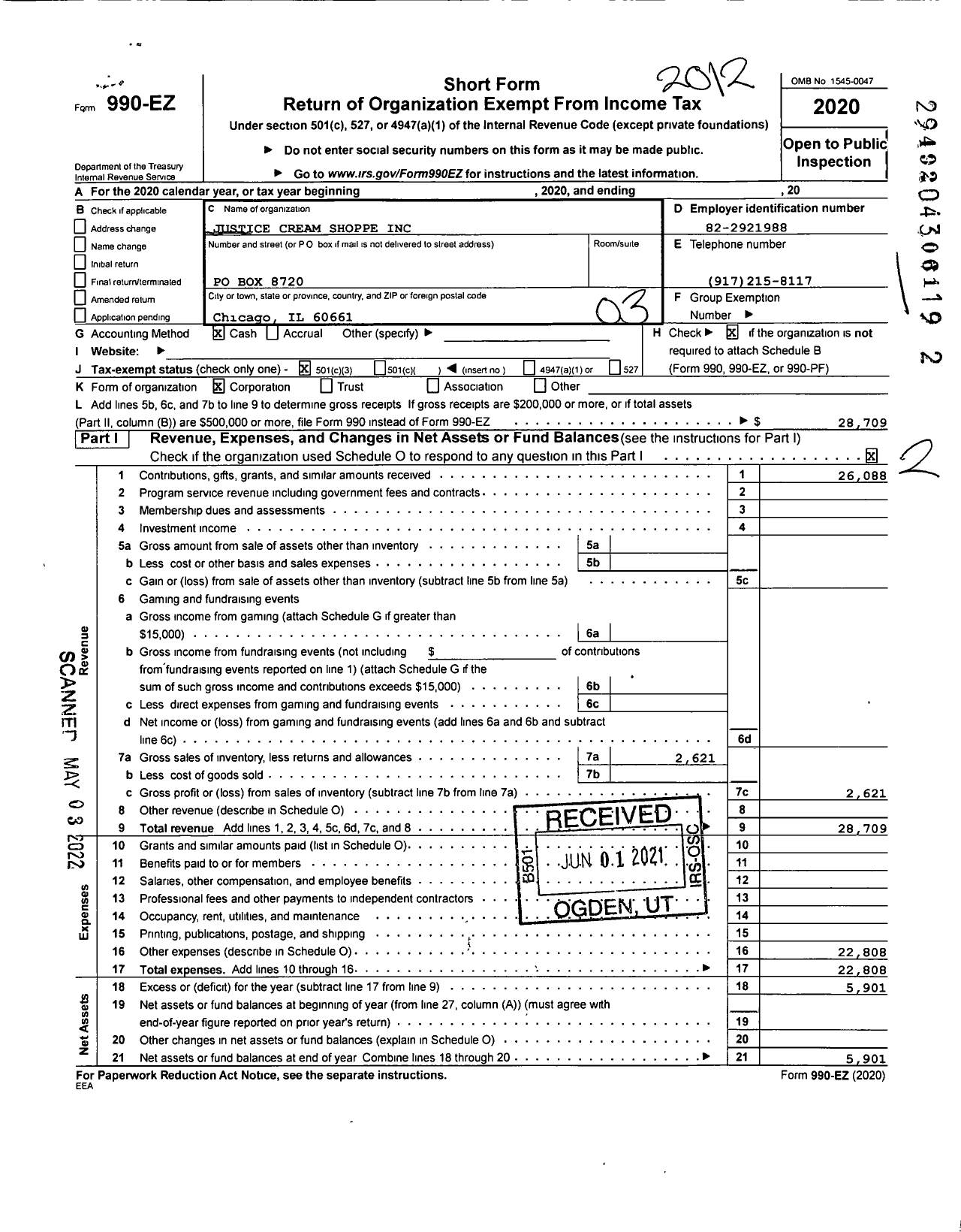 Image of first page of 2020 Form 990EZ for Justice Cream Collective