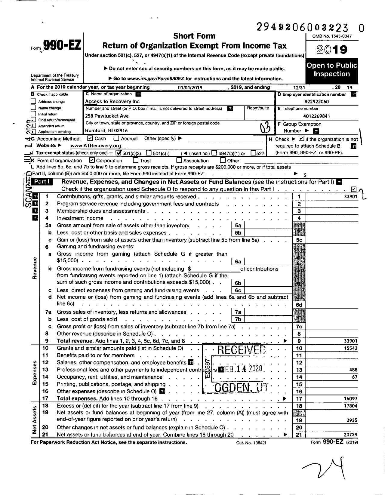 Image of first page of 2019 Form 990EZ for Access To Recovery