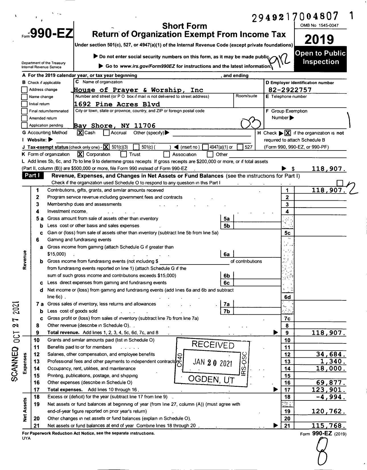 Image of first page of 2019 Form 990EZ for House of Prayer and Worship