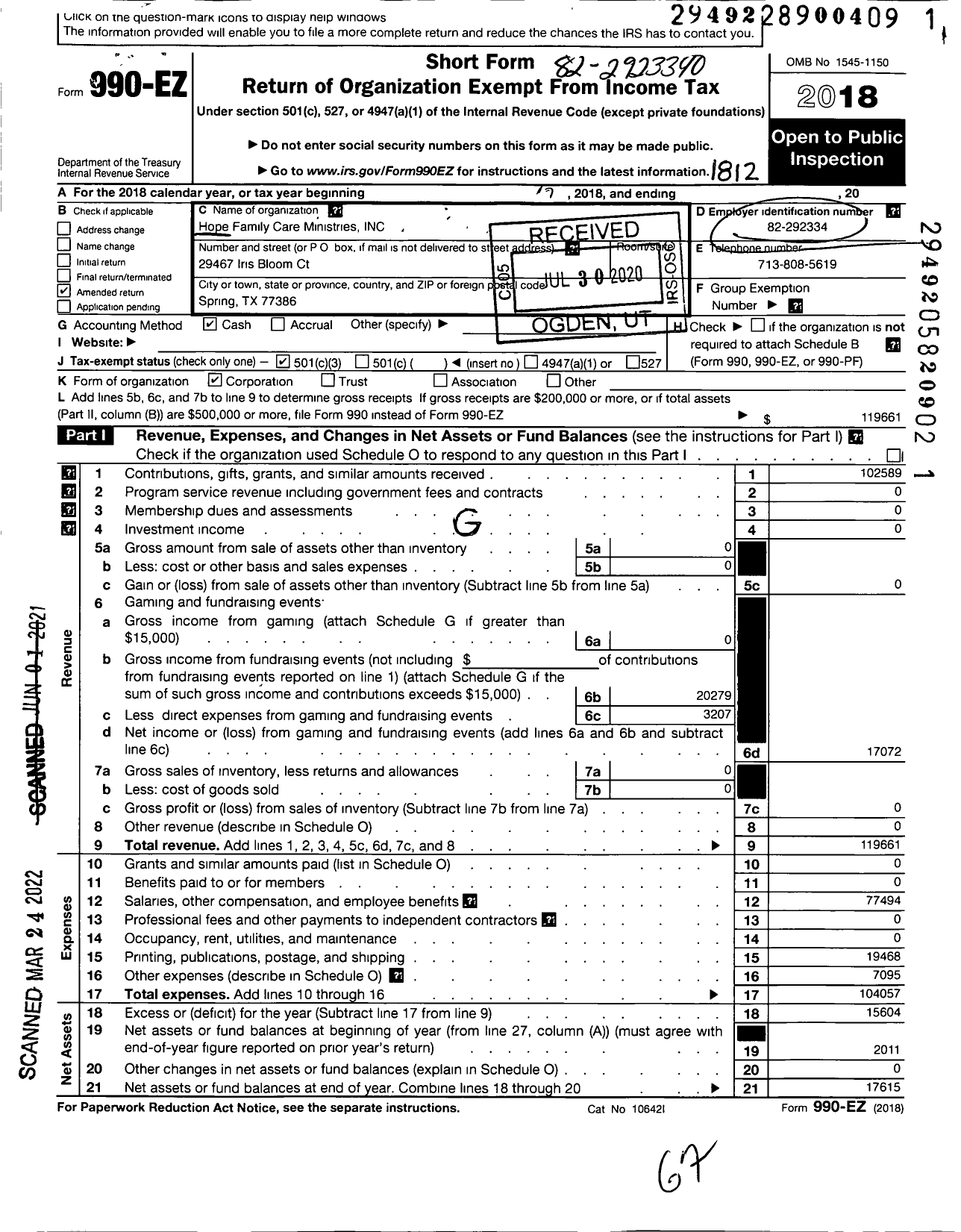 Image of first page of 2018 Form 990EZ for Hope Family Care Ministries