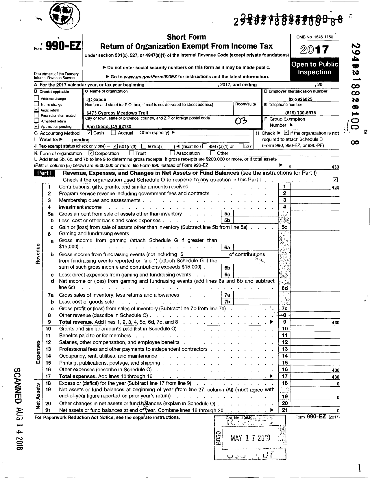 Image of first page of 2017 Form 990EZ for JC Grace