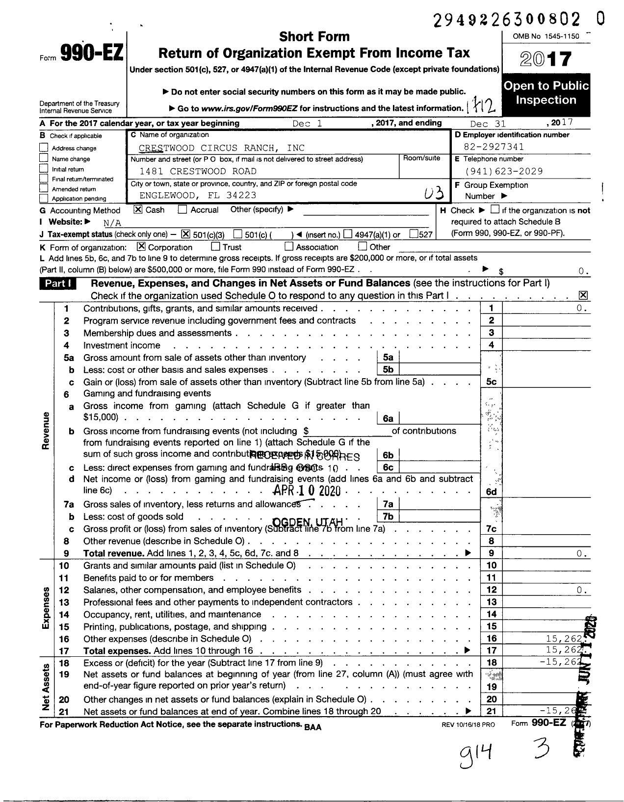 Image of first page of 2017 Form 990EZ for Crestwood Circus Ranch