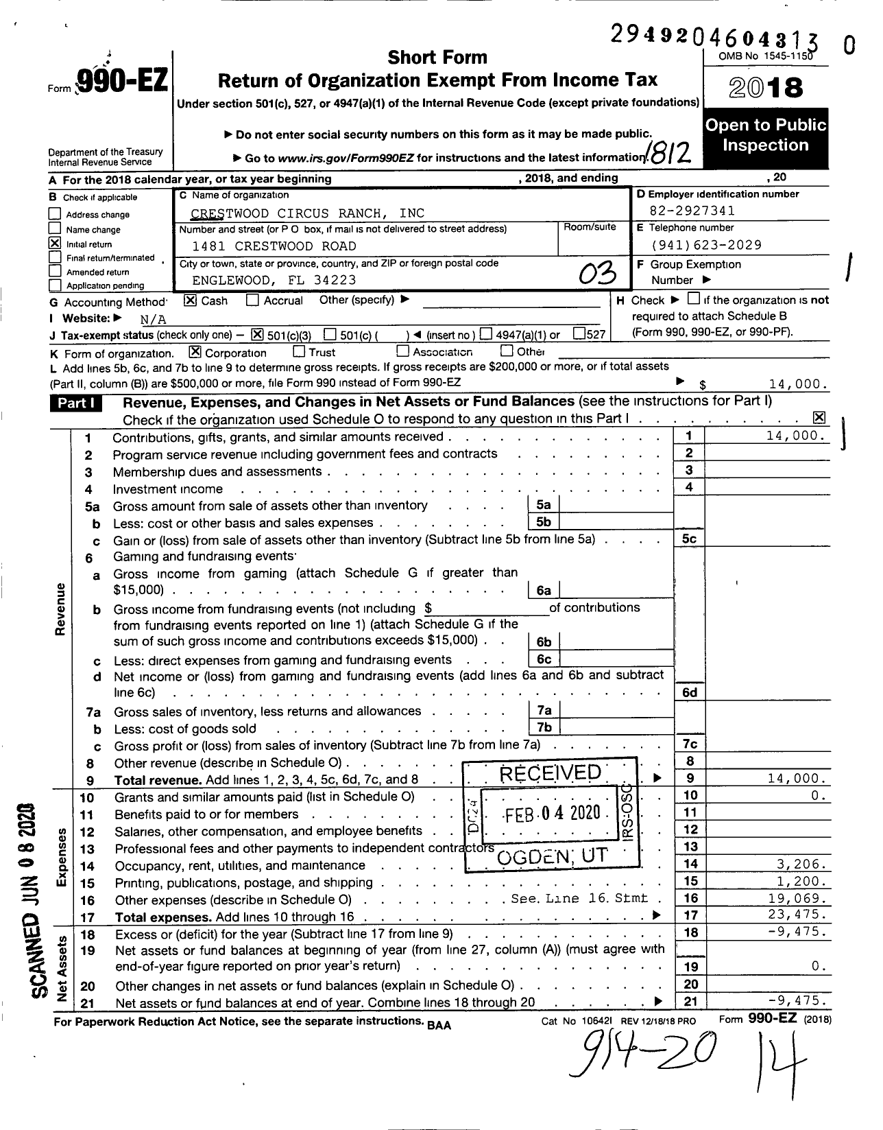 Image of first page of 2018 Form 990EZ for Crestwood Circus Ranch