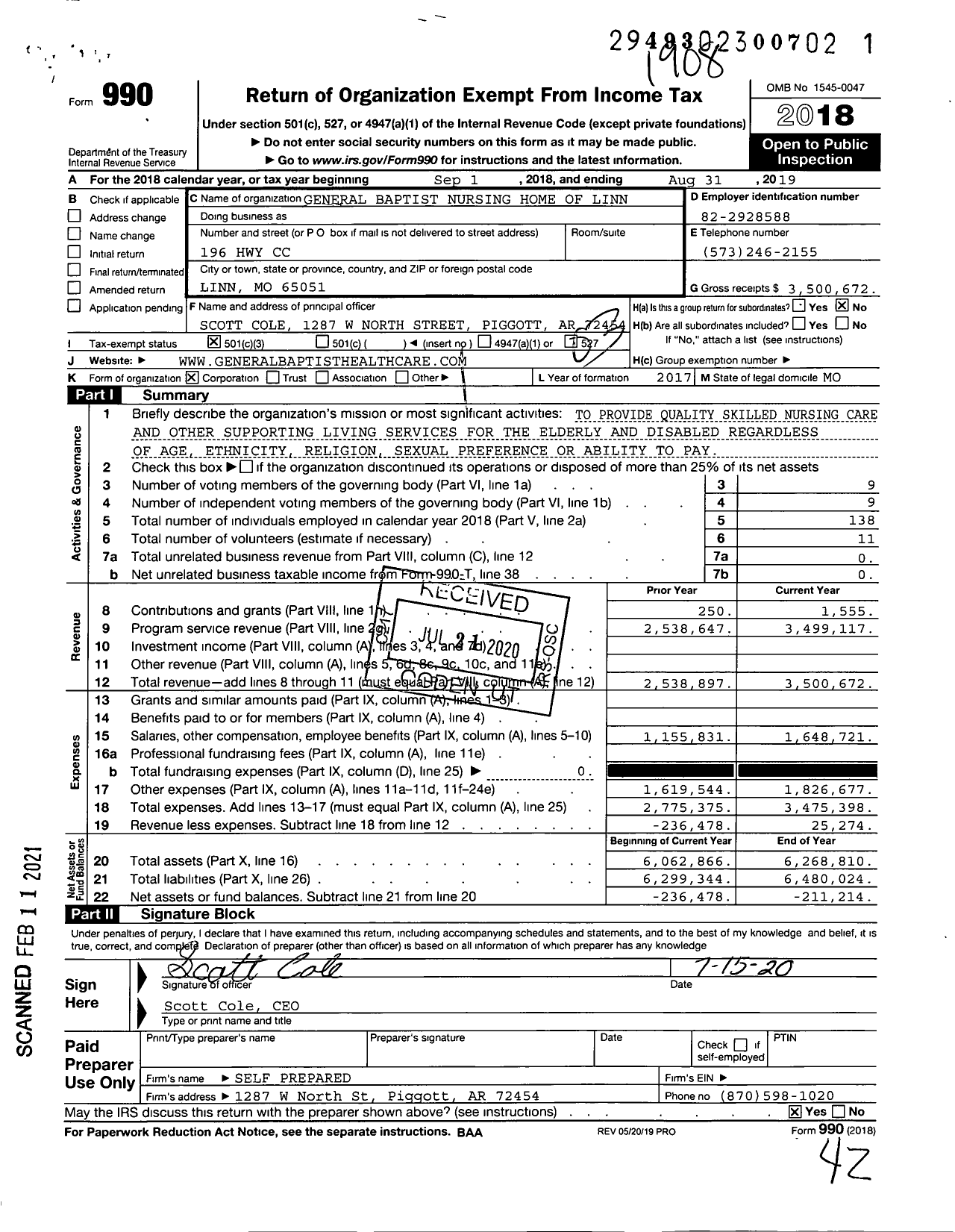 Image of first page of 2018 Form 990 for General Baptist Nursing Home of Linn