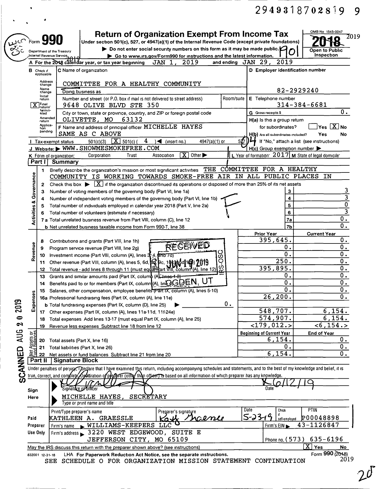 Image of first page of 2018 Form 990O for Committee for A Healthy Community