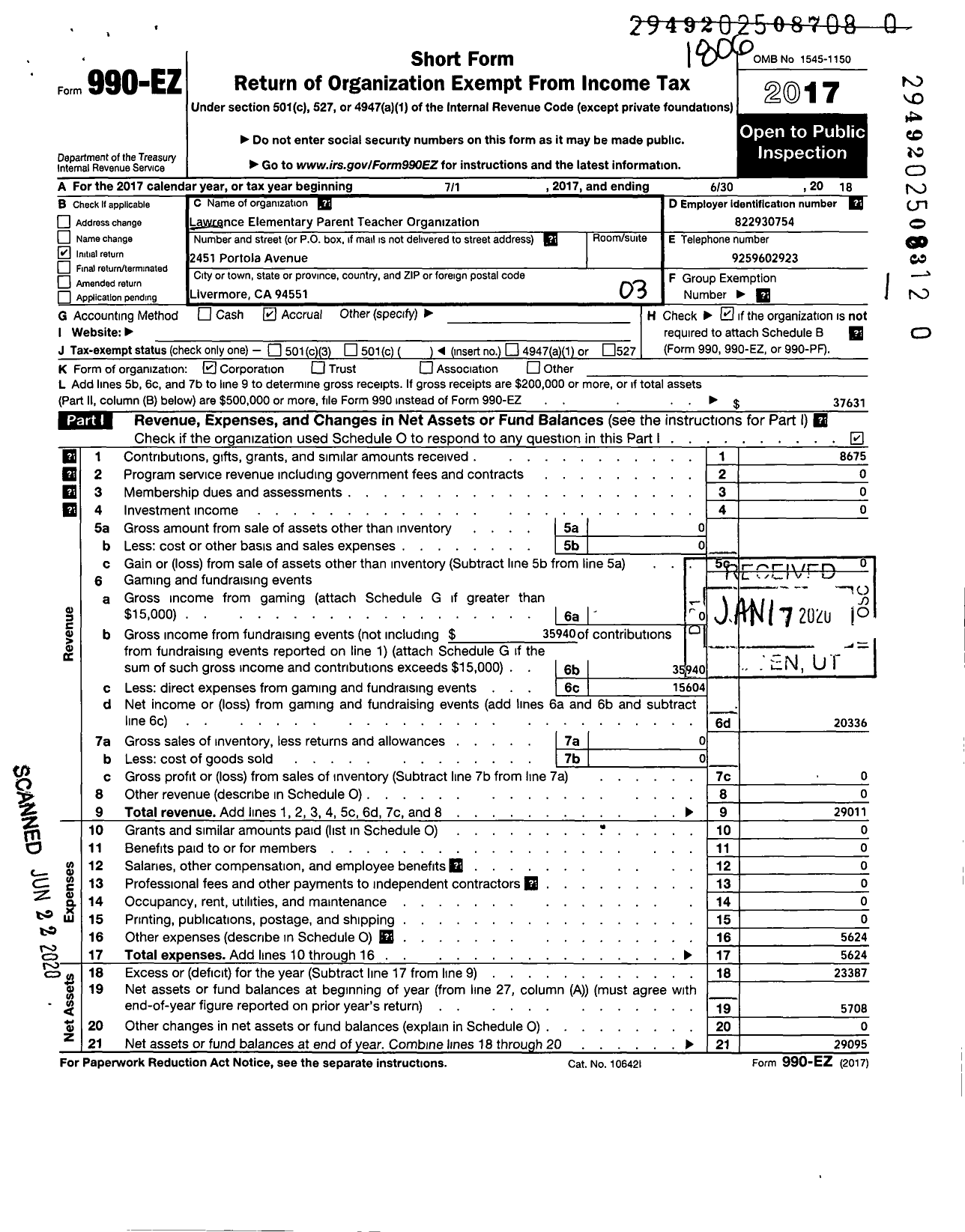 Image of first page of 2017 Form 990EZ for Lawrence Elementary Parent-Teacher Organization