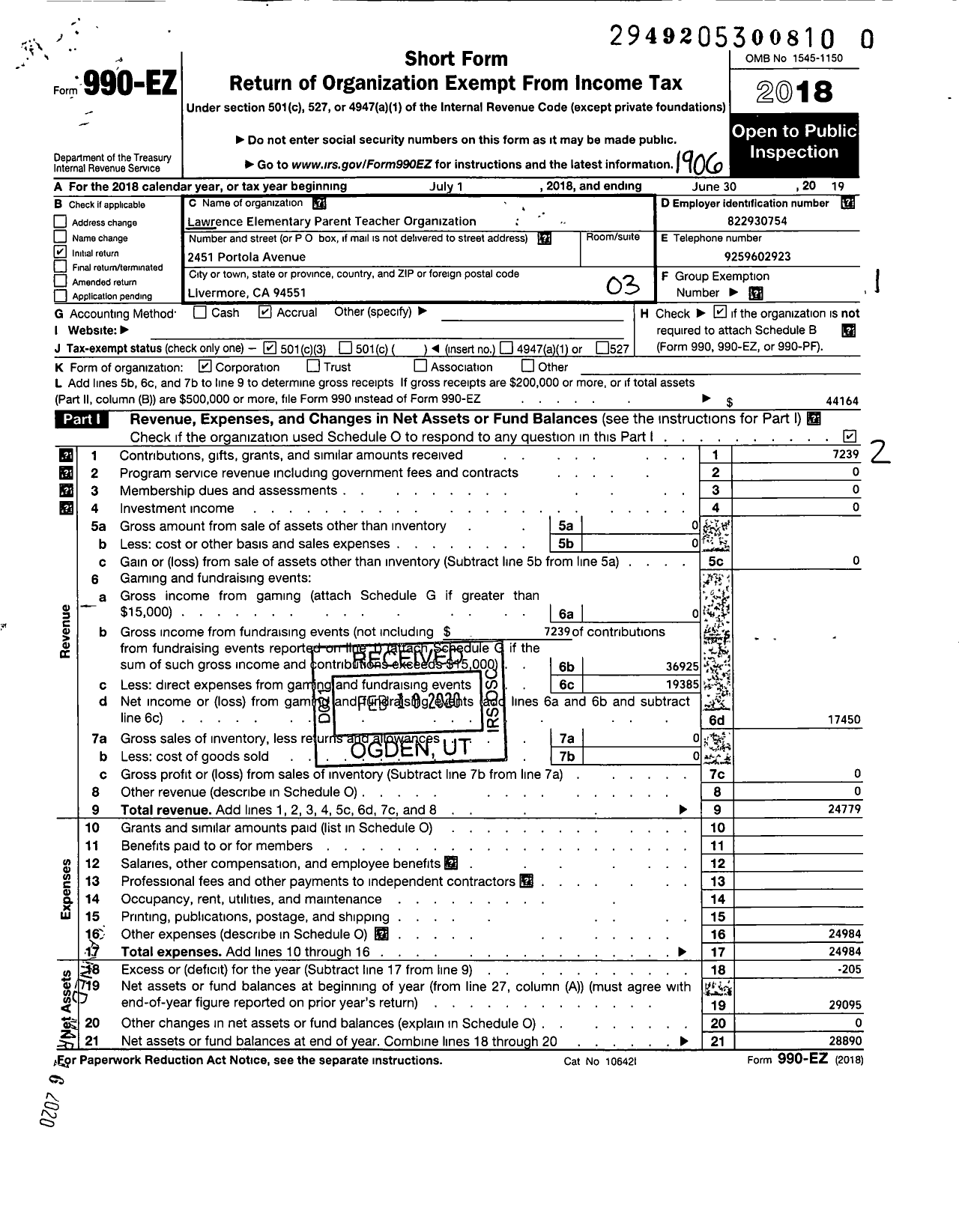 Image of first page of 2018 Form 990EZ for Lawrence Elementary Parent-Teacher Organization