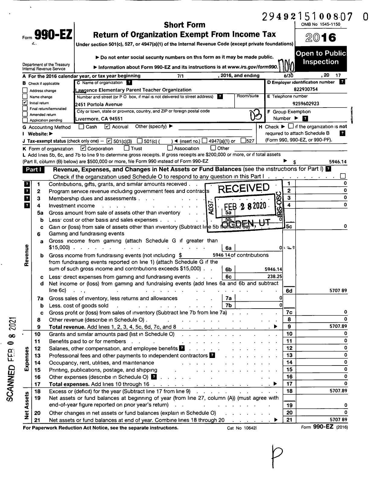 Image of first page of 2016 Form 990EZ for Lawrence Elementary Parent-Teacher Organization