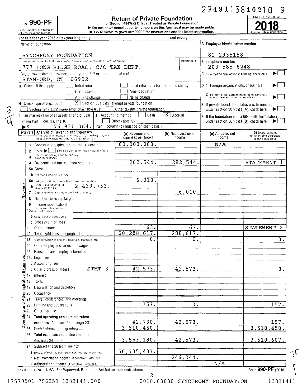 Image of first page of 2018 Form 990PF for Synchrony Foundation