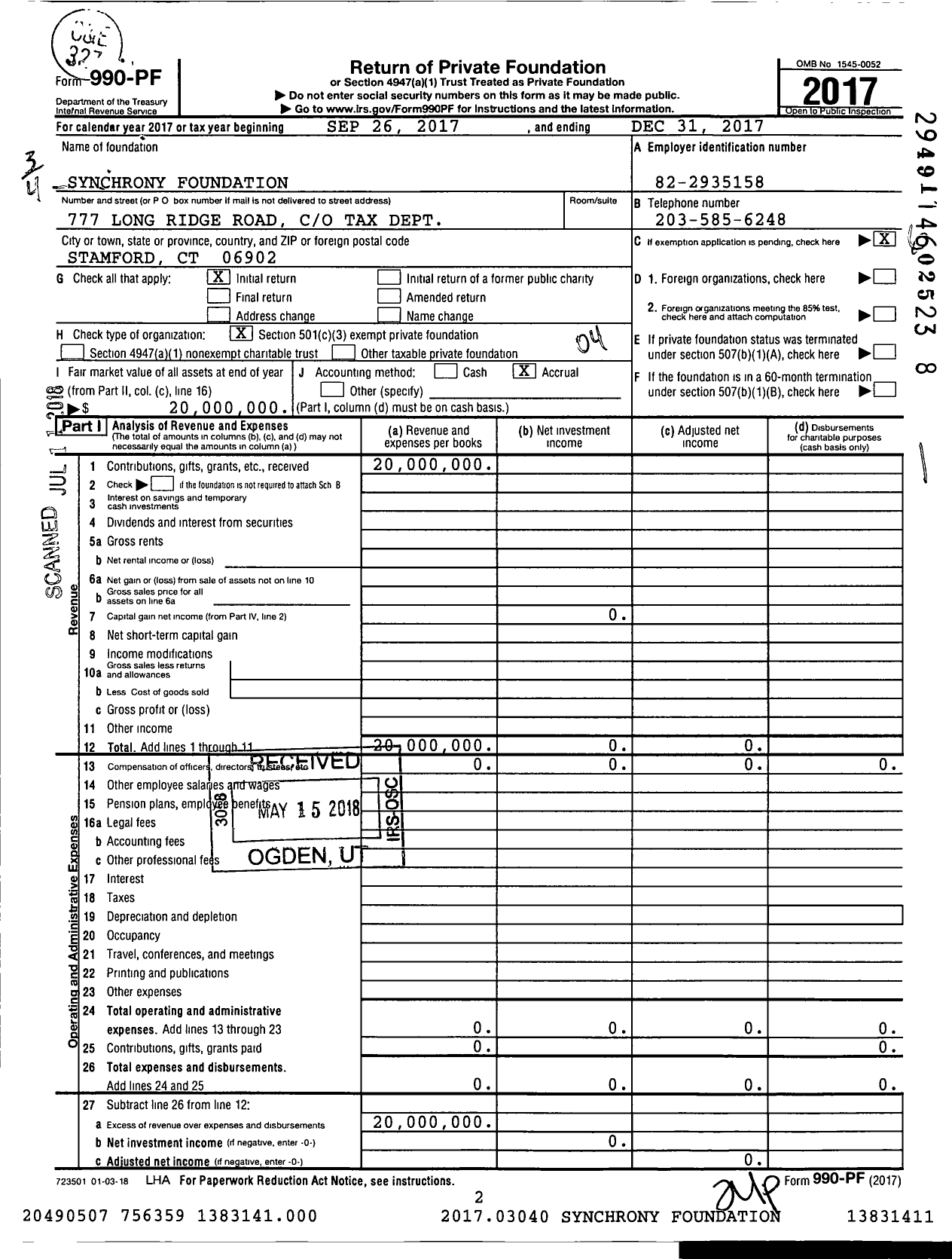 Image of first page of 2017 Form 990PF for Synchrony Foundation