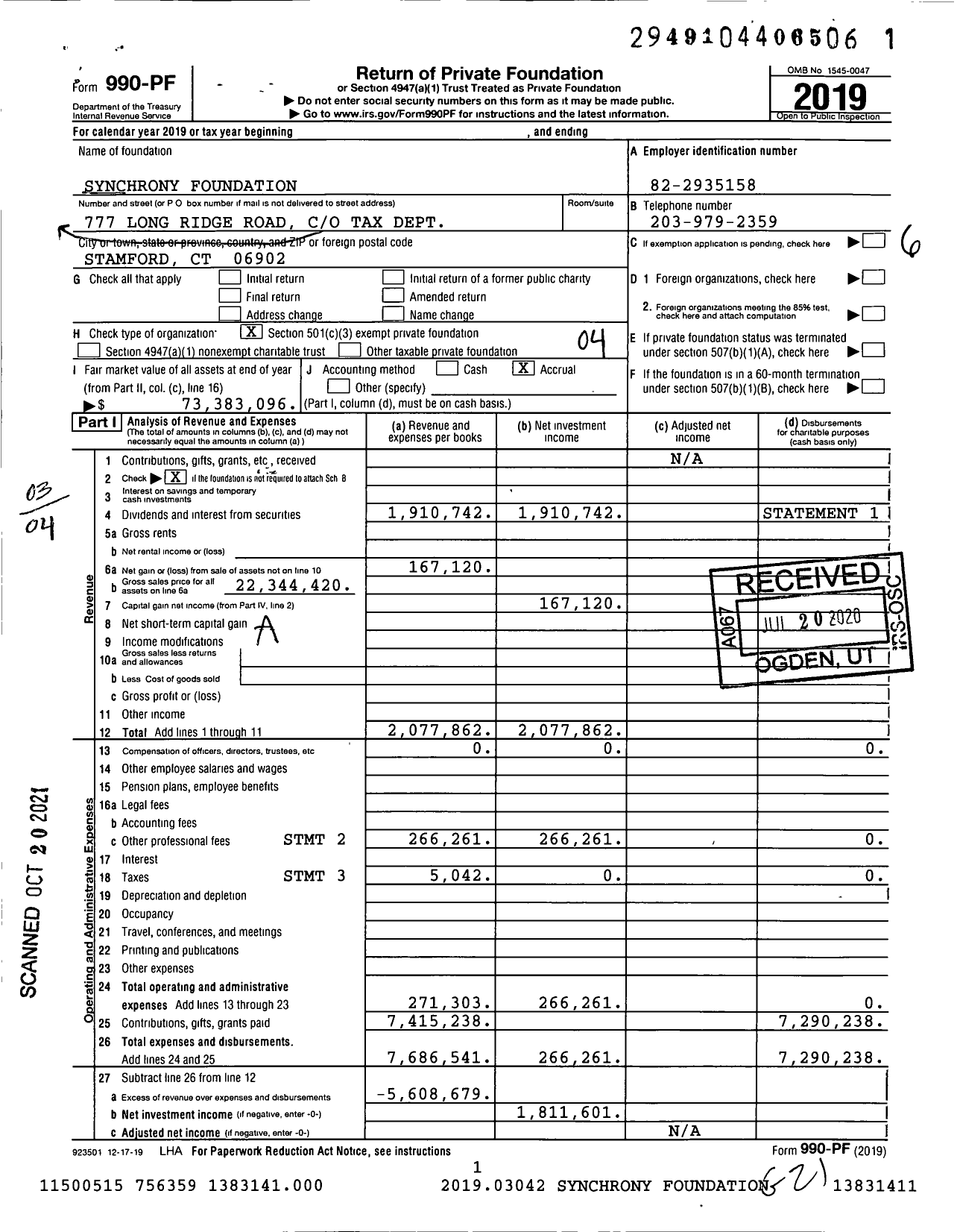 Image of first page of 2019 Form 990PF for Synchrony Foundation