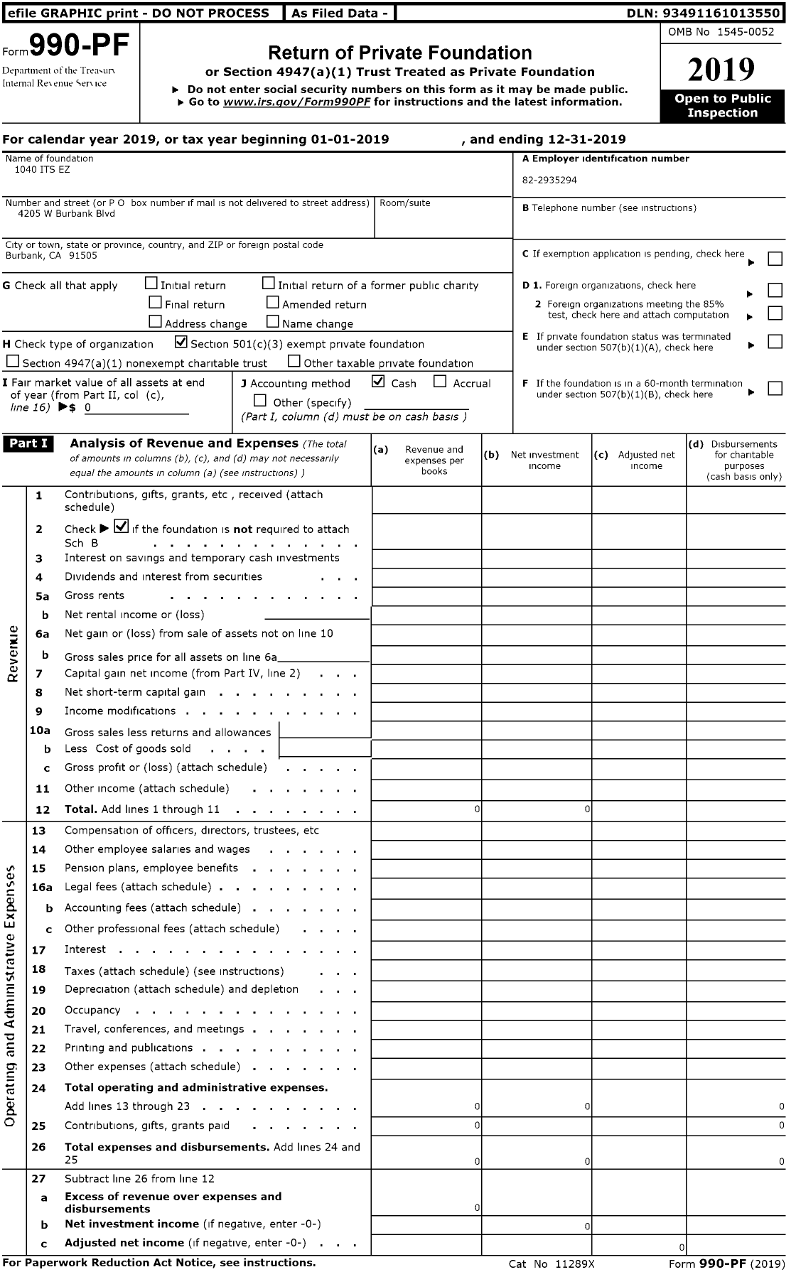 Image of first page of 2019 Form 990PR for 1040 Its 1040itsez