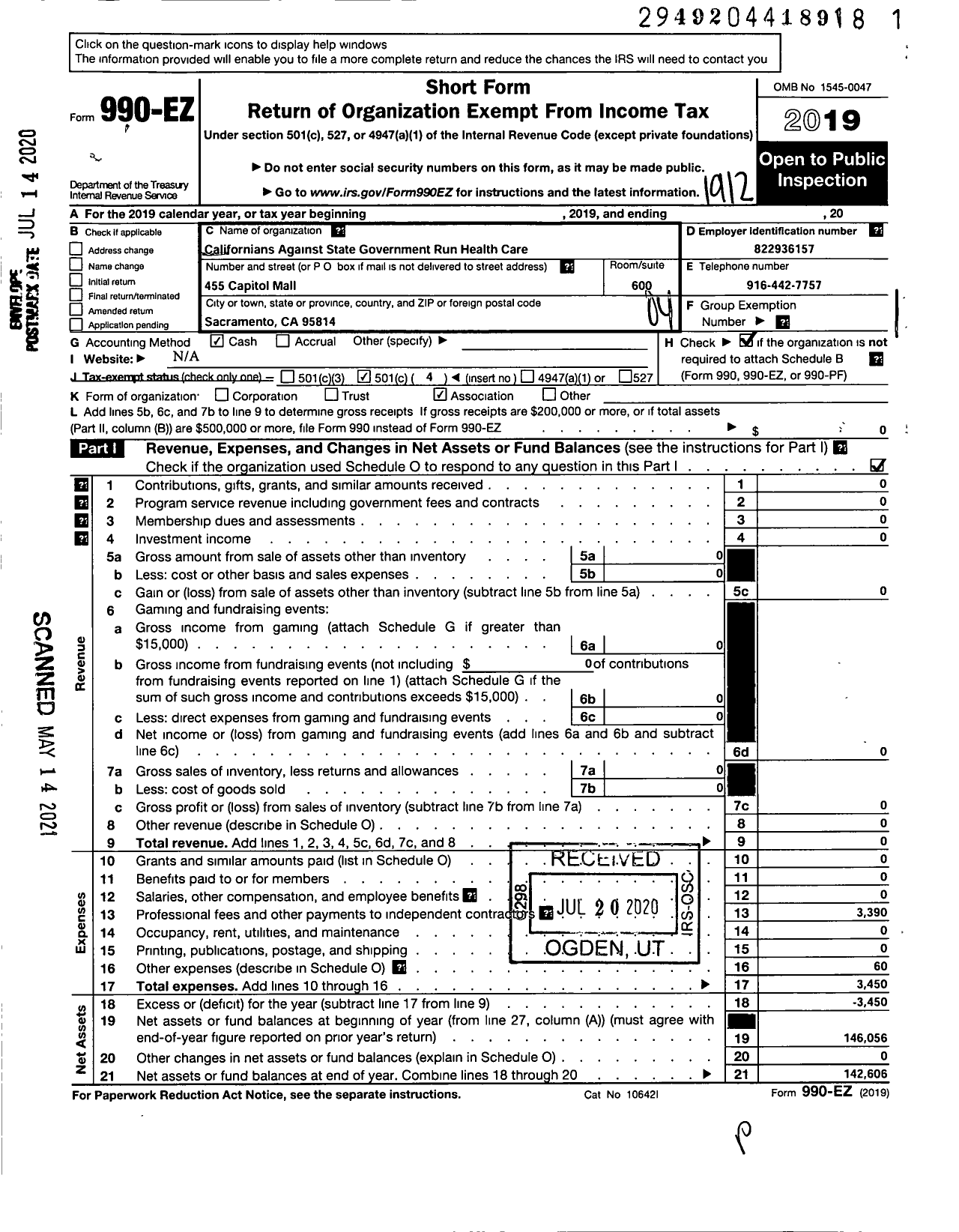 Image of first page of 2019 Form 990EO for Californians Against State Government Run Health Care