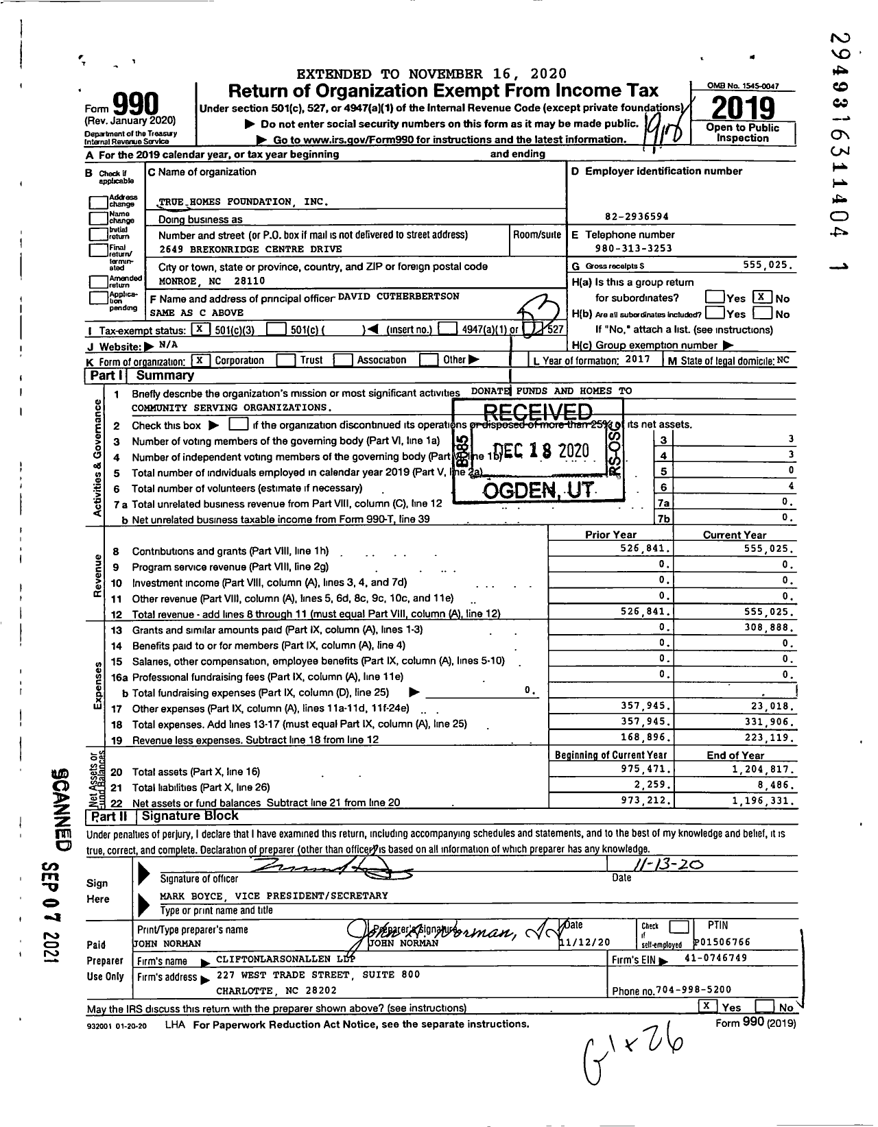 Image of first page of 2019 Form 990 for True Homes Foundation