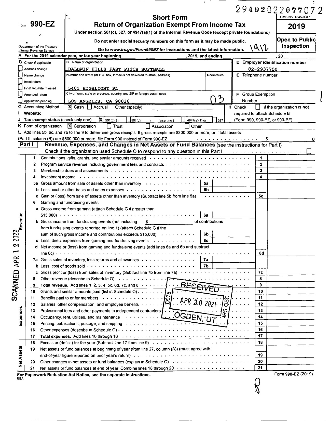 Image of first page of 2019 Form 990EZ for Baldwin Hills Fastpitch Softball