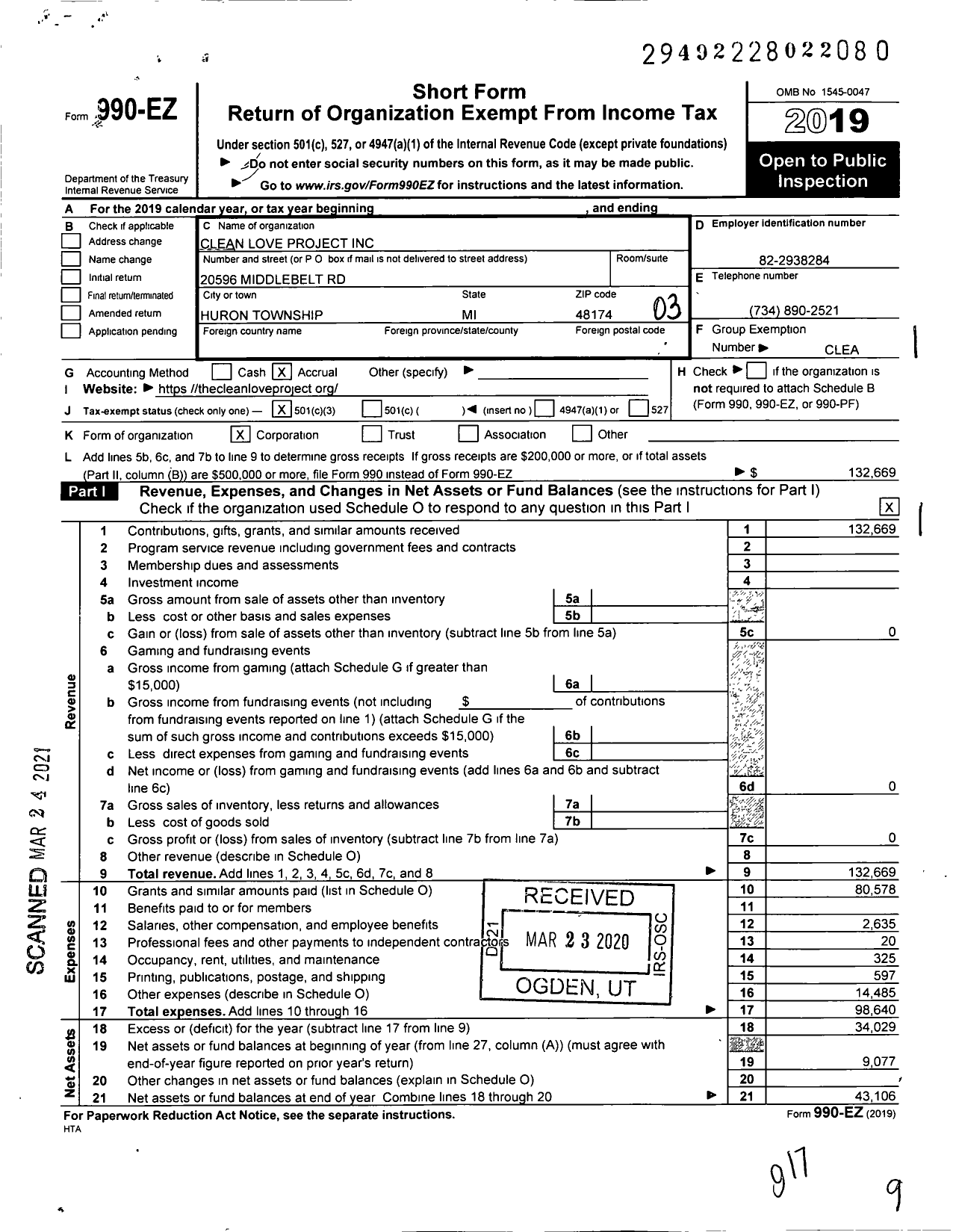 Image of first page of 2019 Form 990EZ for Clean Love Project