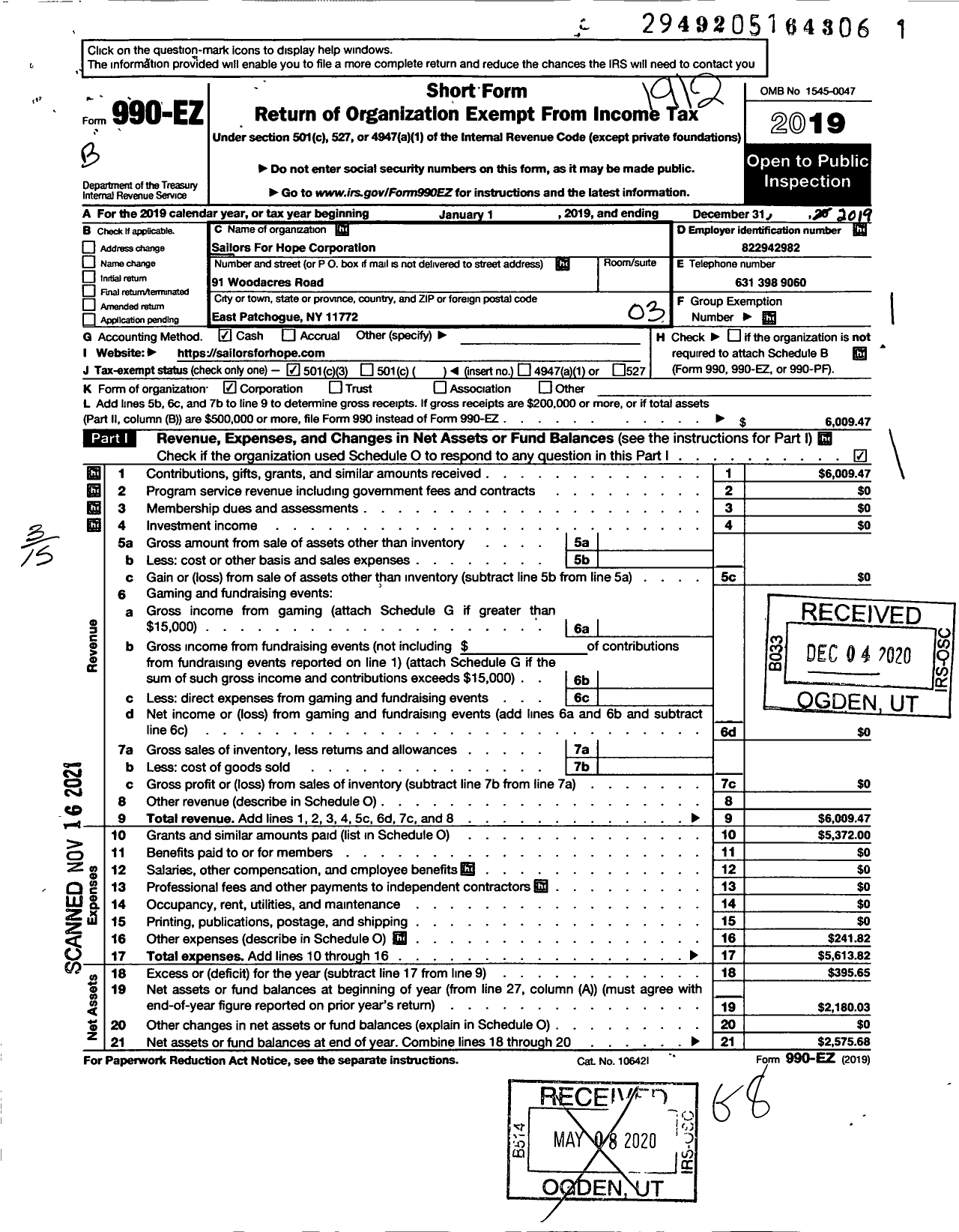 Image of first page of 2019 Form 990EZ for Sailors for Hope