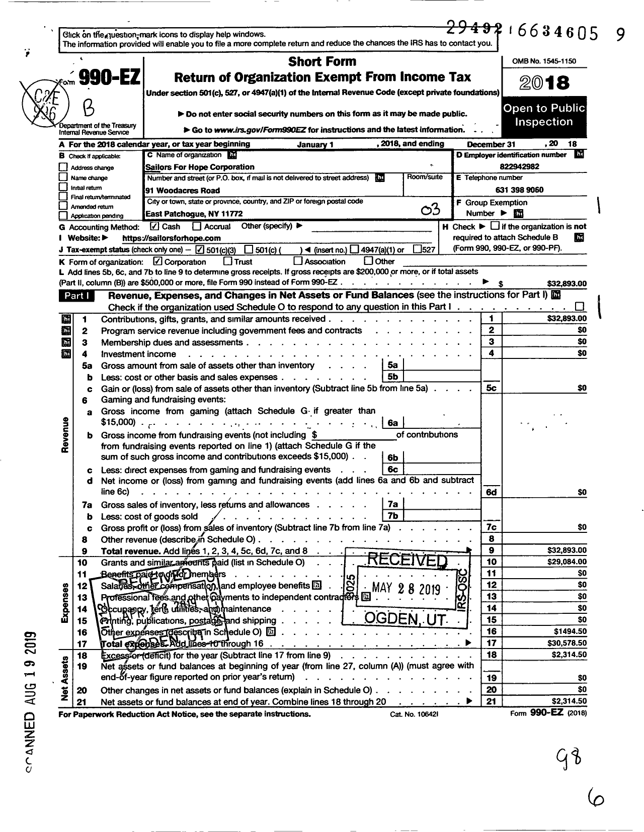 Image of first page of 2018 Form 990EZ for Sailors for Hope