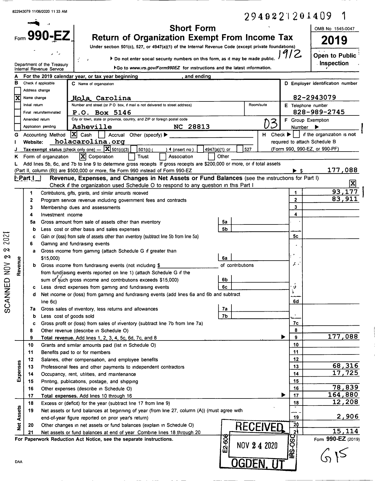 Image of first page of 2019 Form 990EZ for Hola Carolina