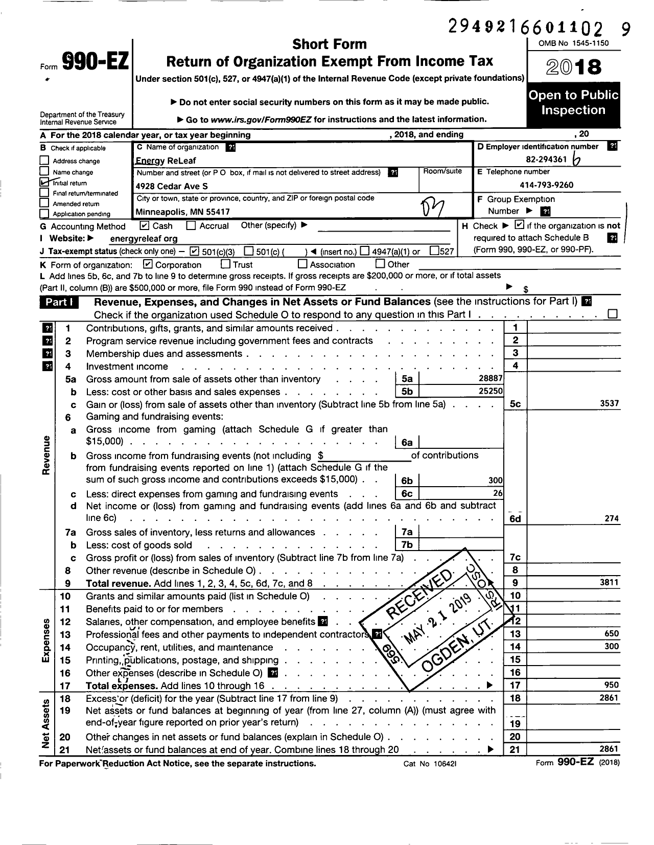 Image of first page of 2018 Form 990EZ for Energy Releaf