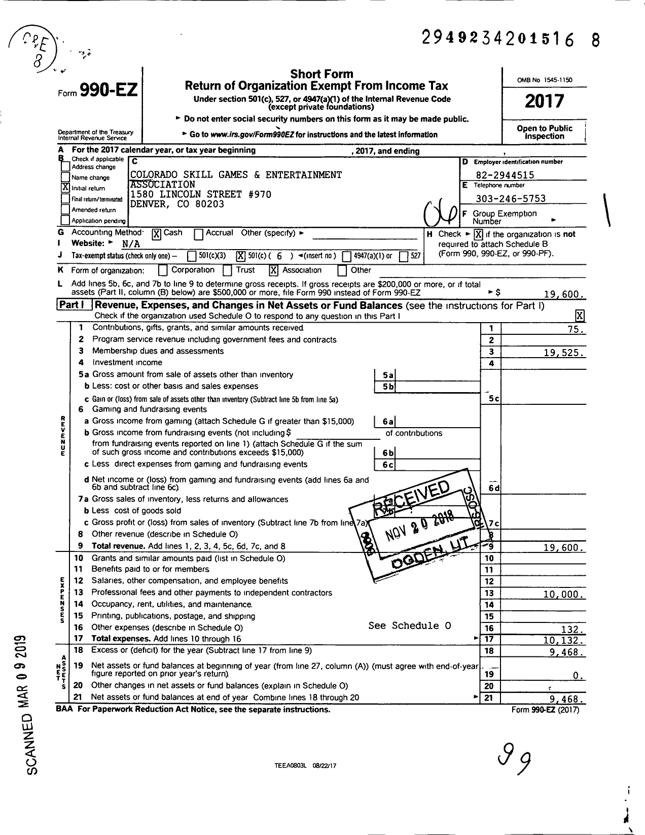 Image of first page of 2017 Form 990EO for Colorado Skill Games and Entertainment Association