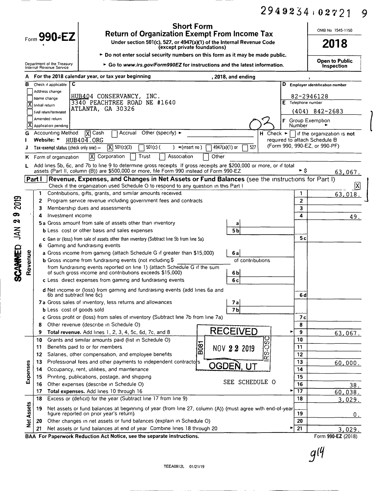 Image of first page of 2018 Form 990EZ for Hub404 Conservancy