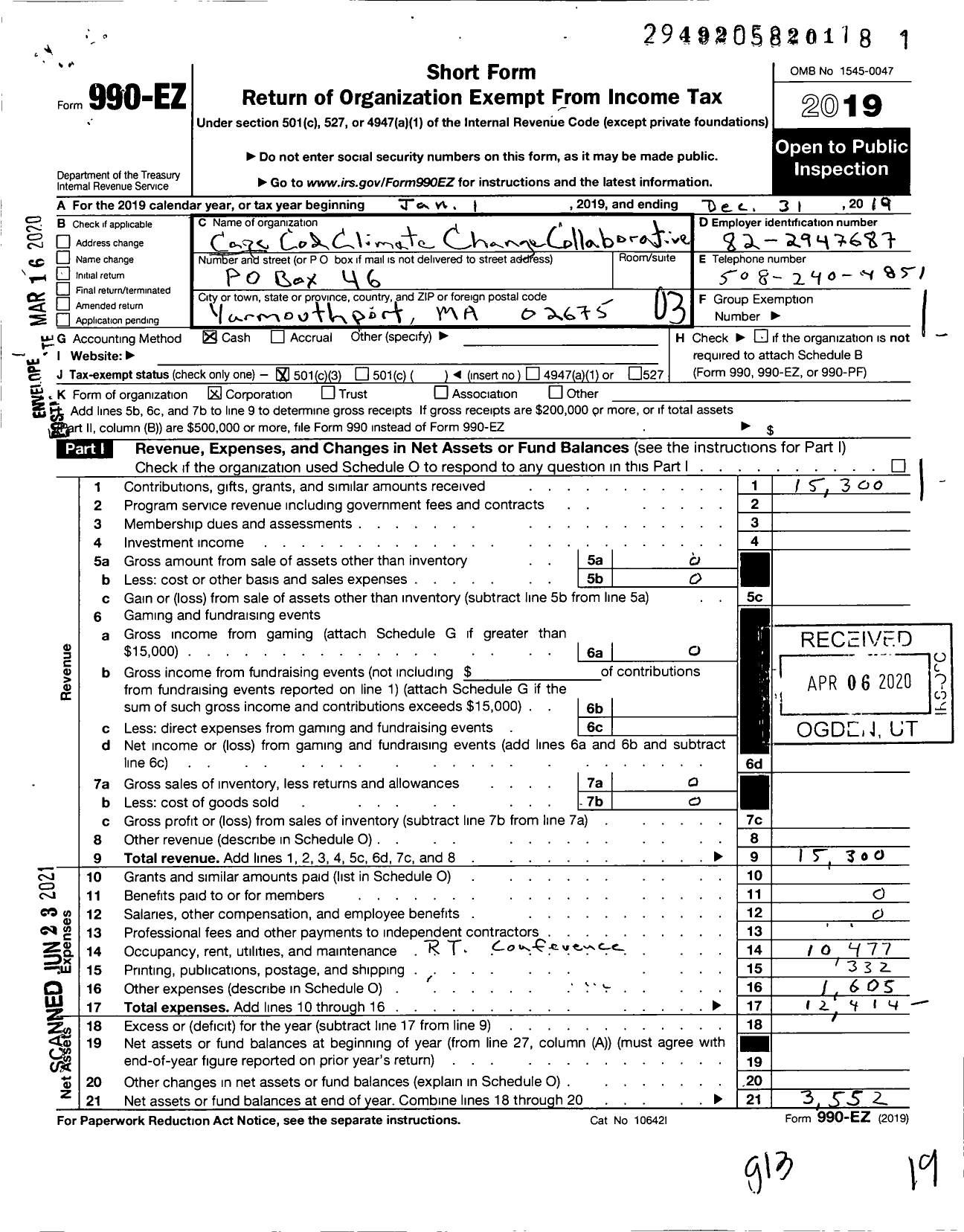 Image of first page of 2019 Form 990EZ for Cape Cod Climate Change Collaborative