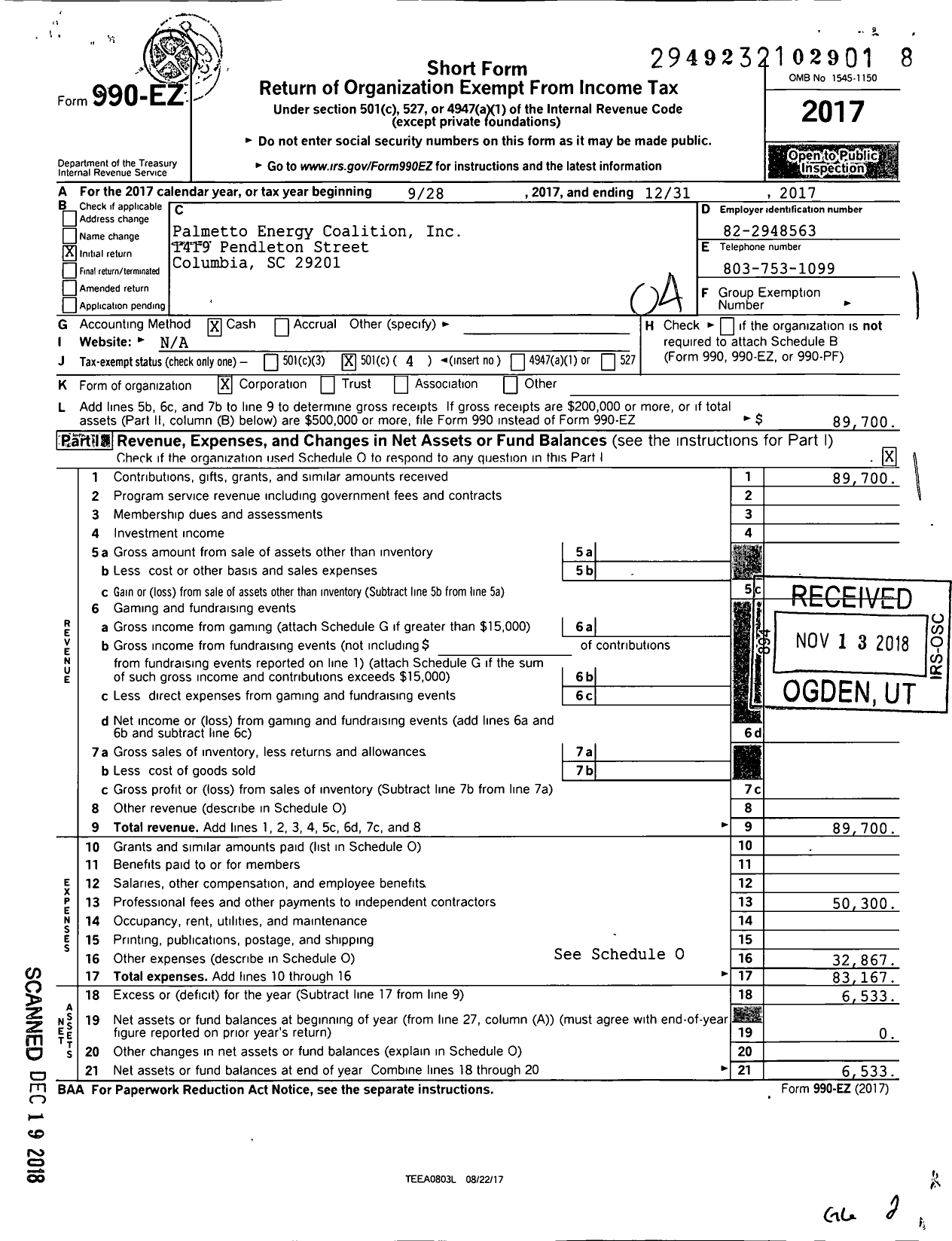 Image of first page of 2017 Form 990EO for Palmetto Energy Coalition