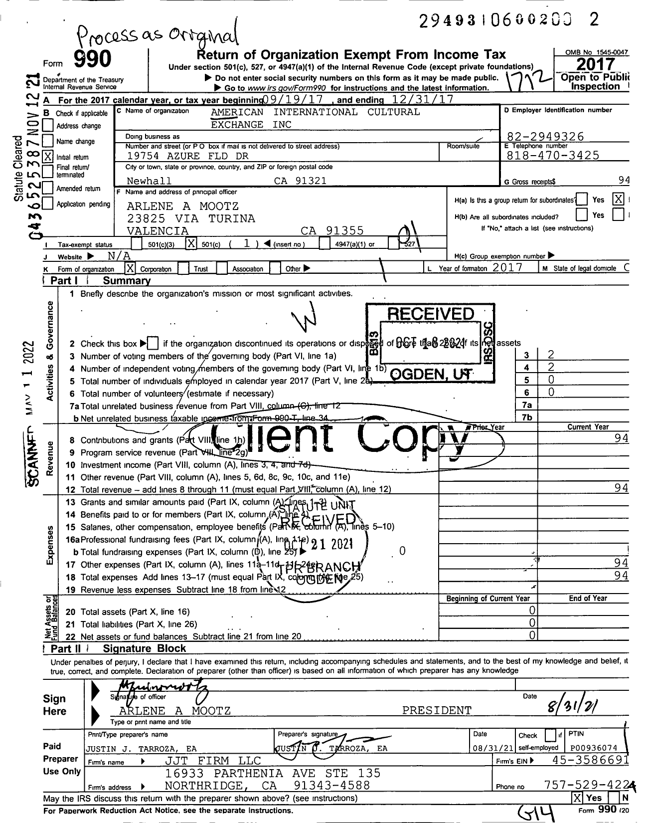 Image of first page of 2017 Form 990O for American International Cultural Exchange