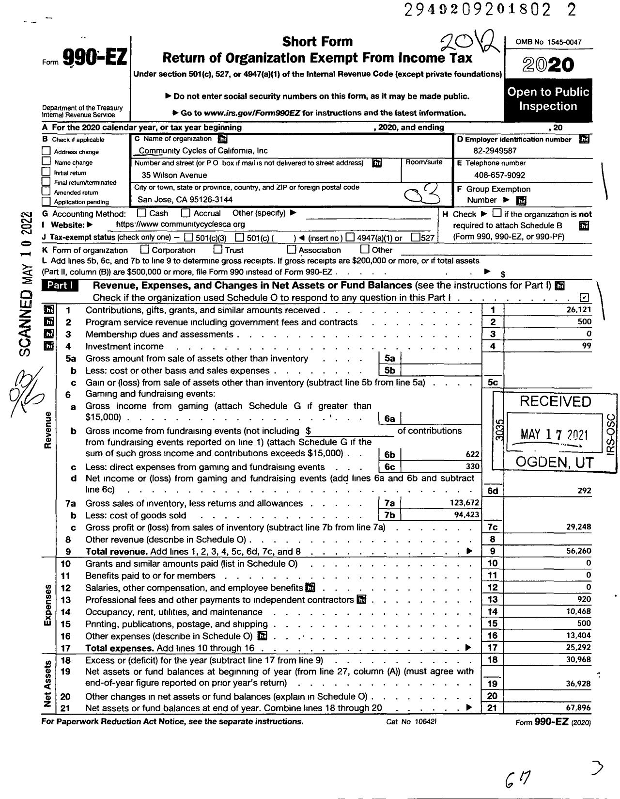 Image of first page of 2020 Form 990EZ for Community Cycles of California