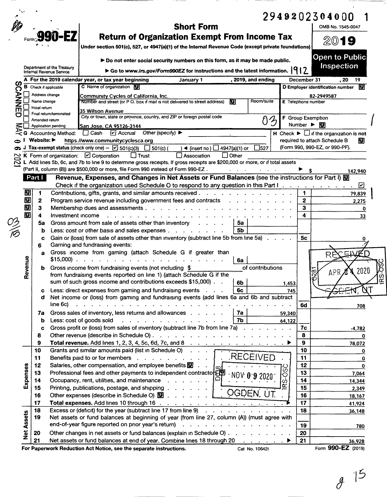 Image of first page of 2019 Form 990EZ for Community Cycles of California