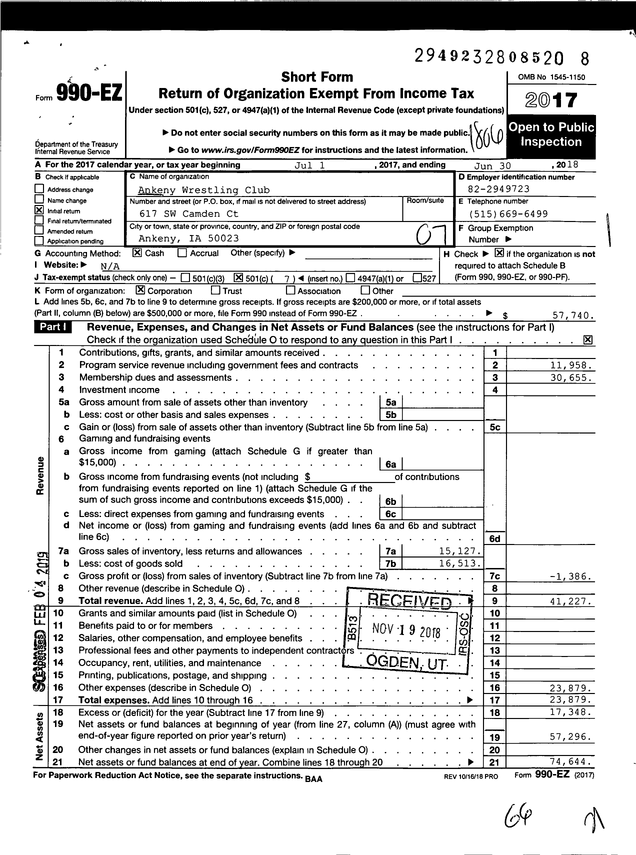 Image of first page of 2017 Form 990EO for Ankeny Wrestling Club