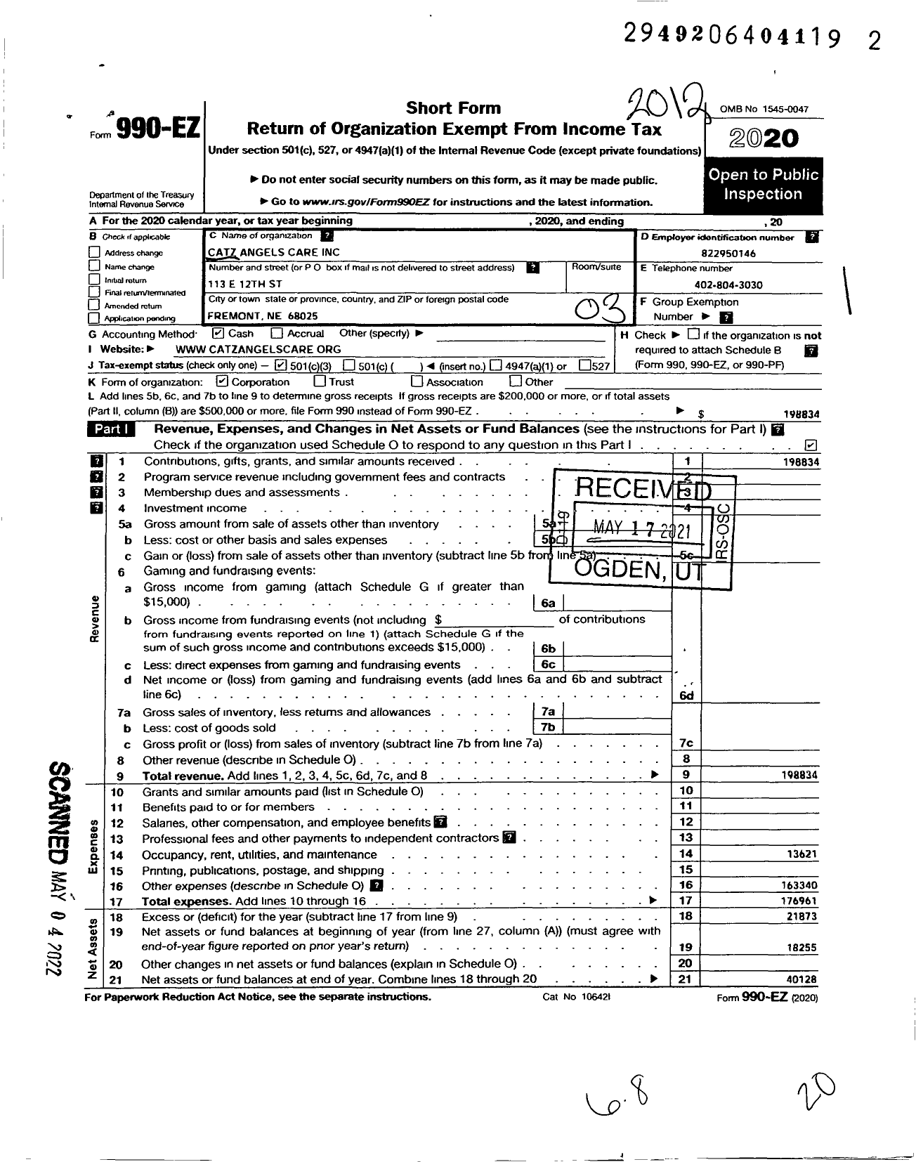 Image of first page of 2020 Form 990EZ for Catz Angels Care