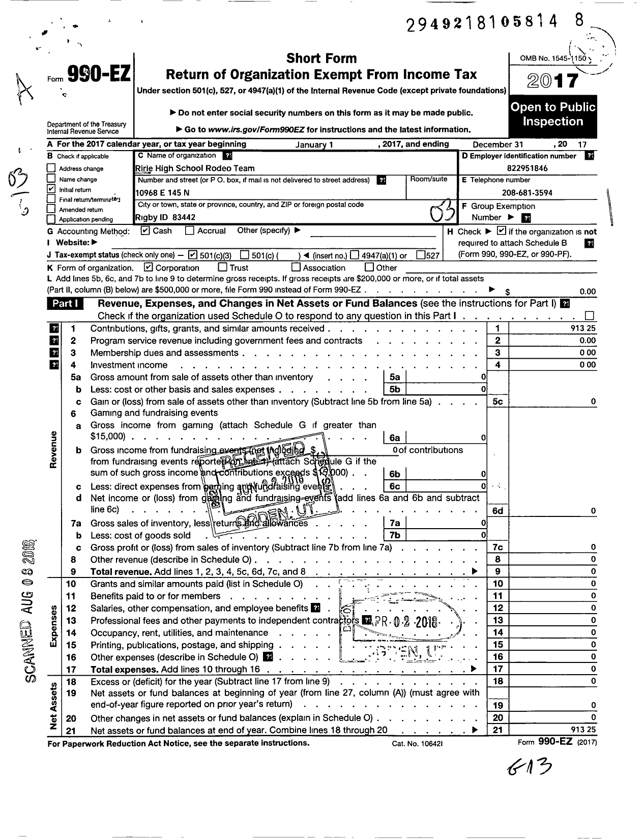 Image of first page of 2017 Form 990EZ for Ririe High School Rodeo Team