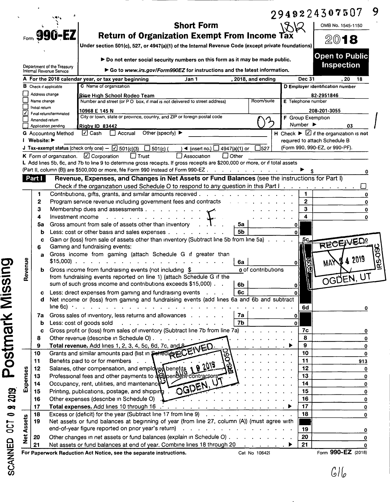 Image of first page of 2018 Form 990EZ for Ririe High School Rodeo Team