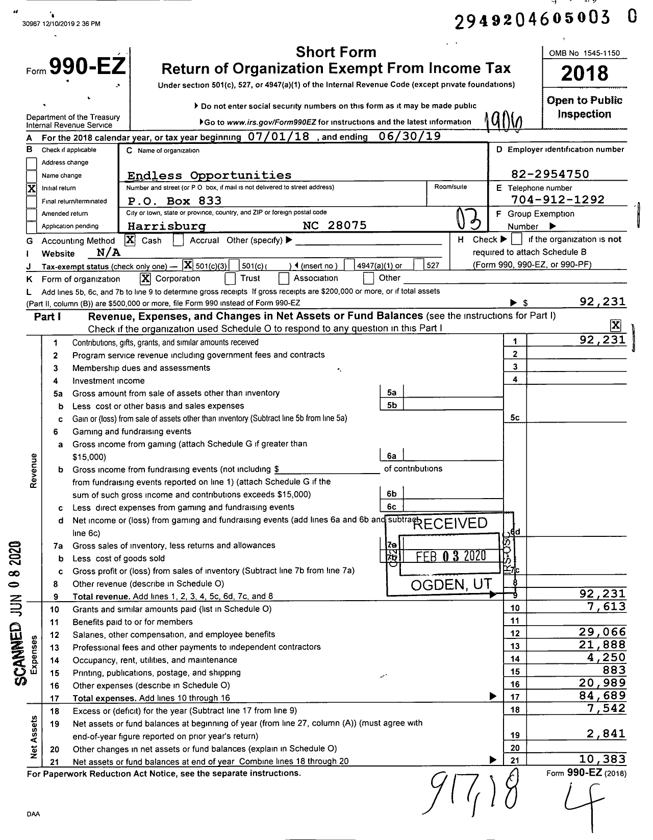 Image of first page of 2018 Form 990EZ for Endless Opportunities