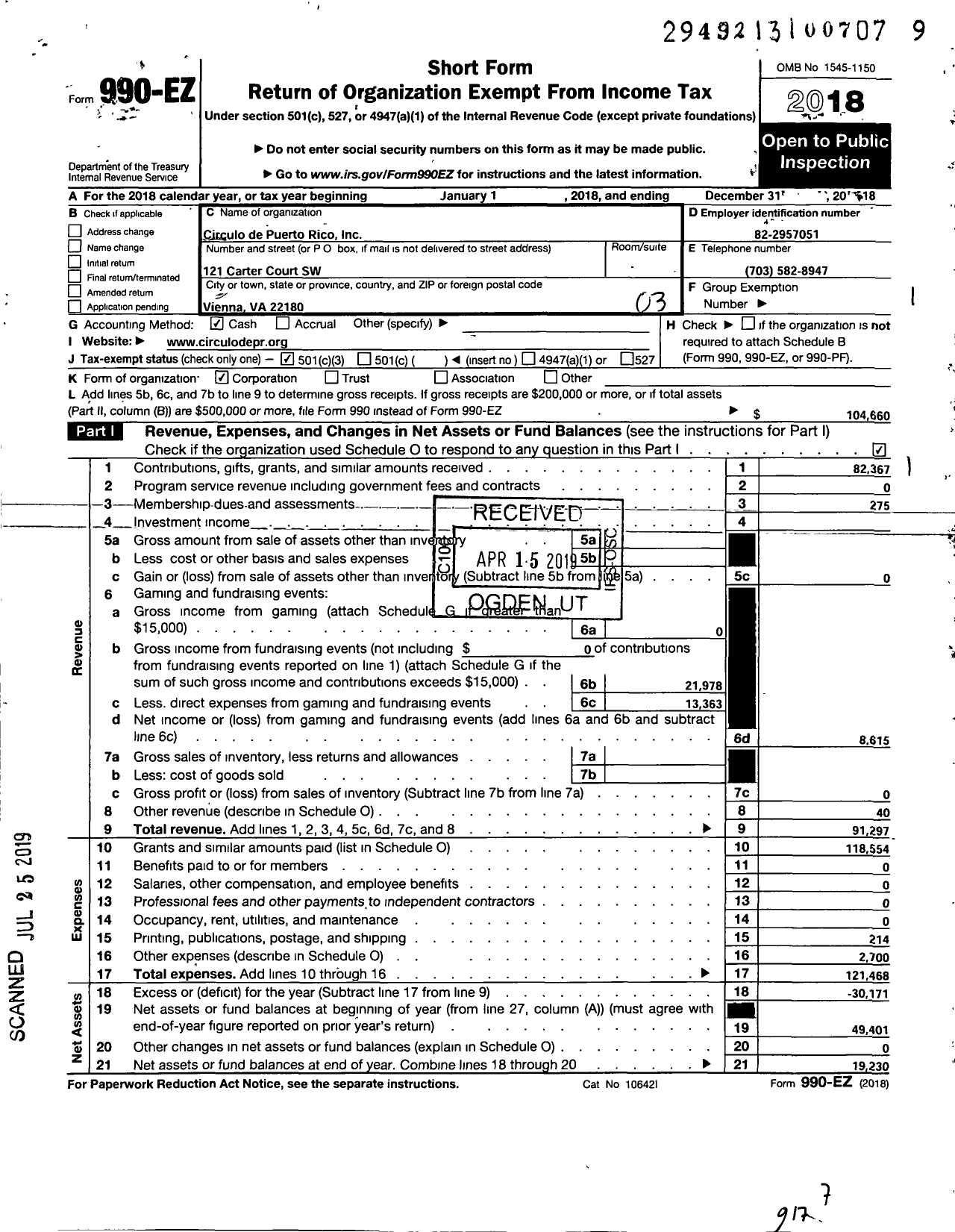 Image of first page of 2018 Form 990EZ for Circulo de Puerto Rico