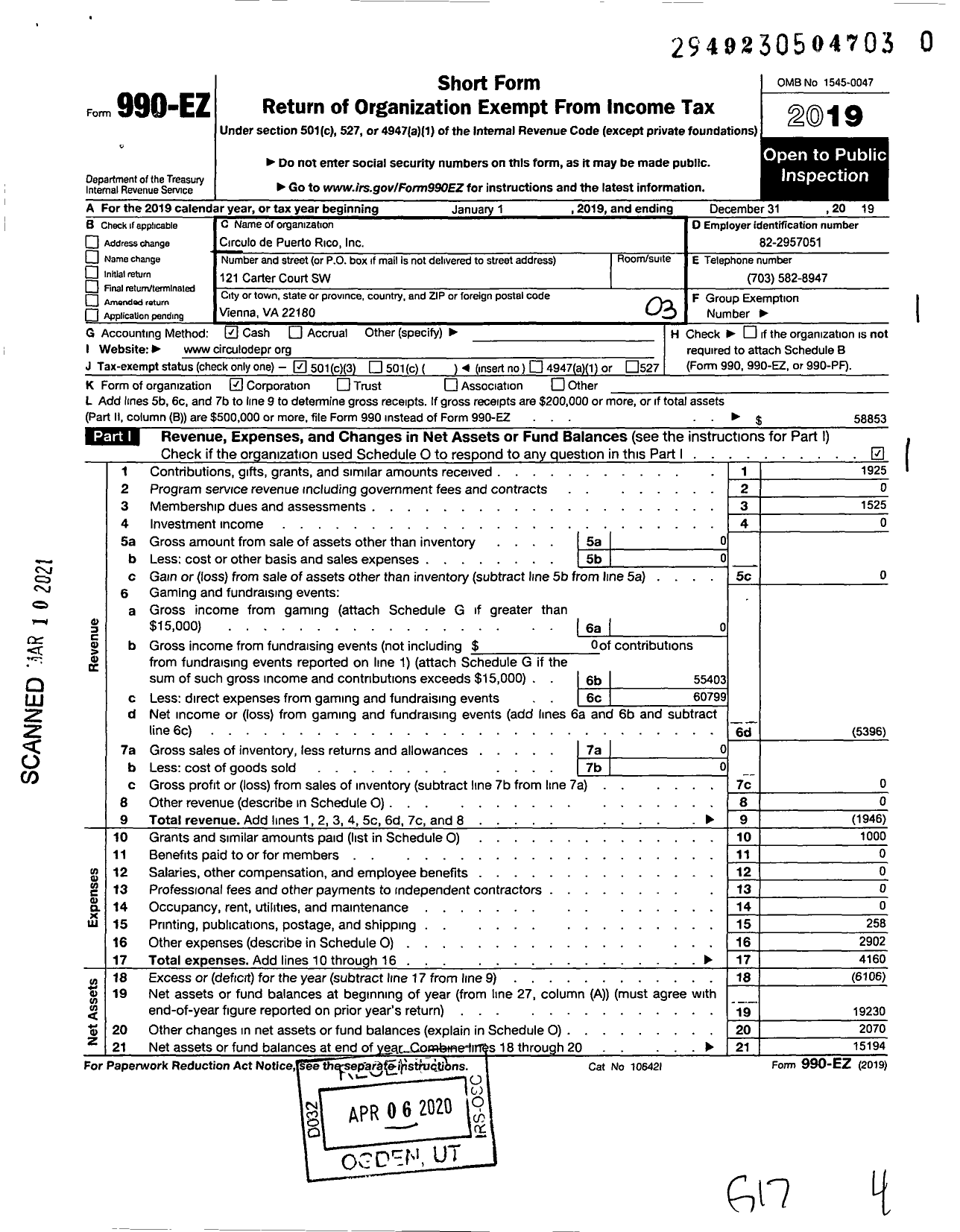 Image of first page of 2019 Form 990EZ for Circulo de Puerto Rico