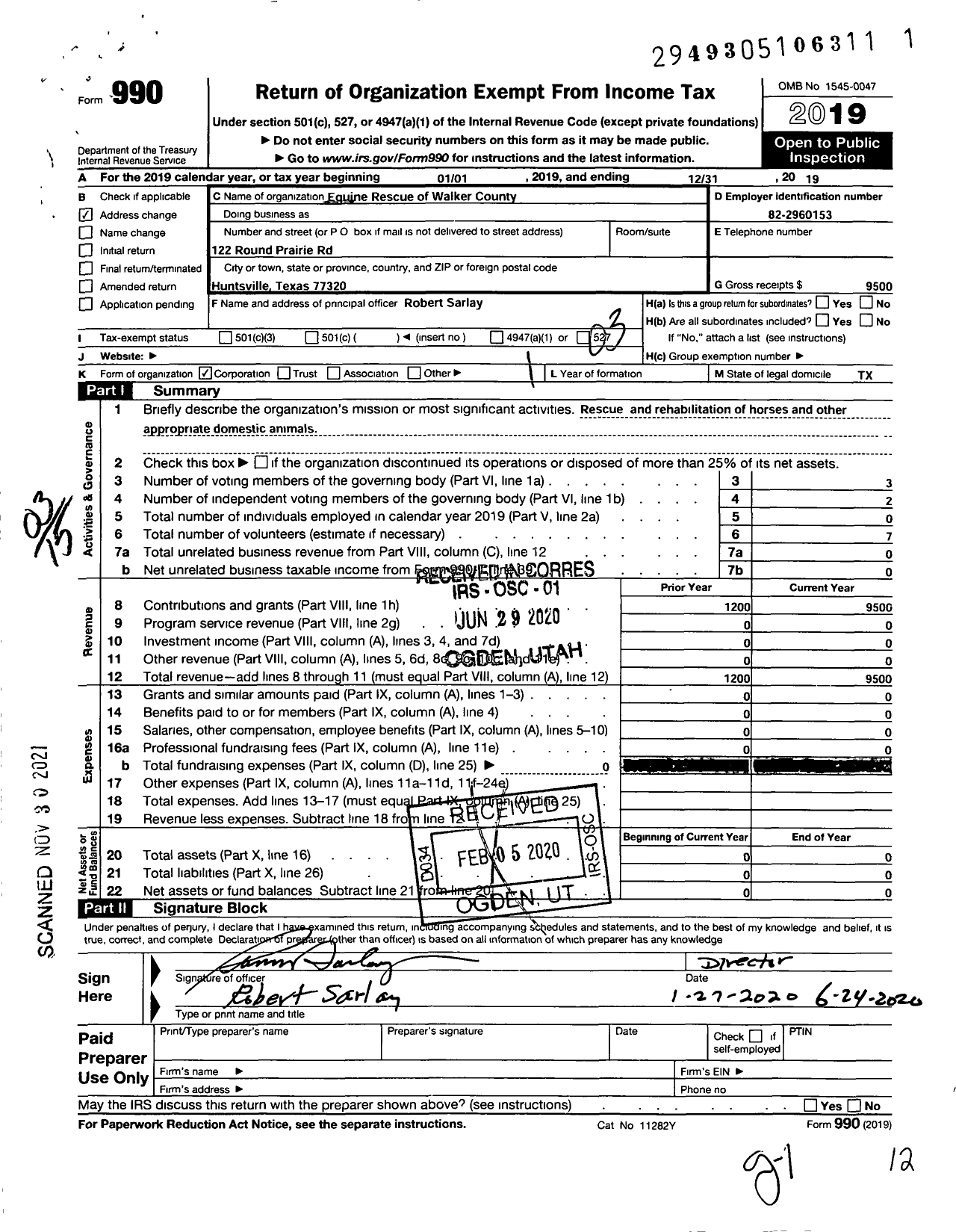 Image of first page of 2019 Form 990 for Equine Rescue of Walker County