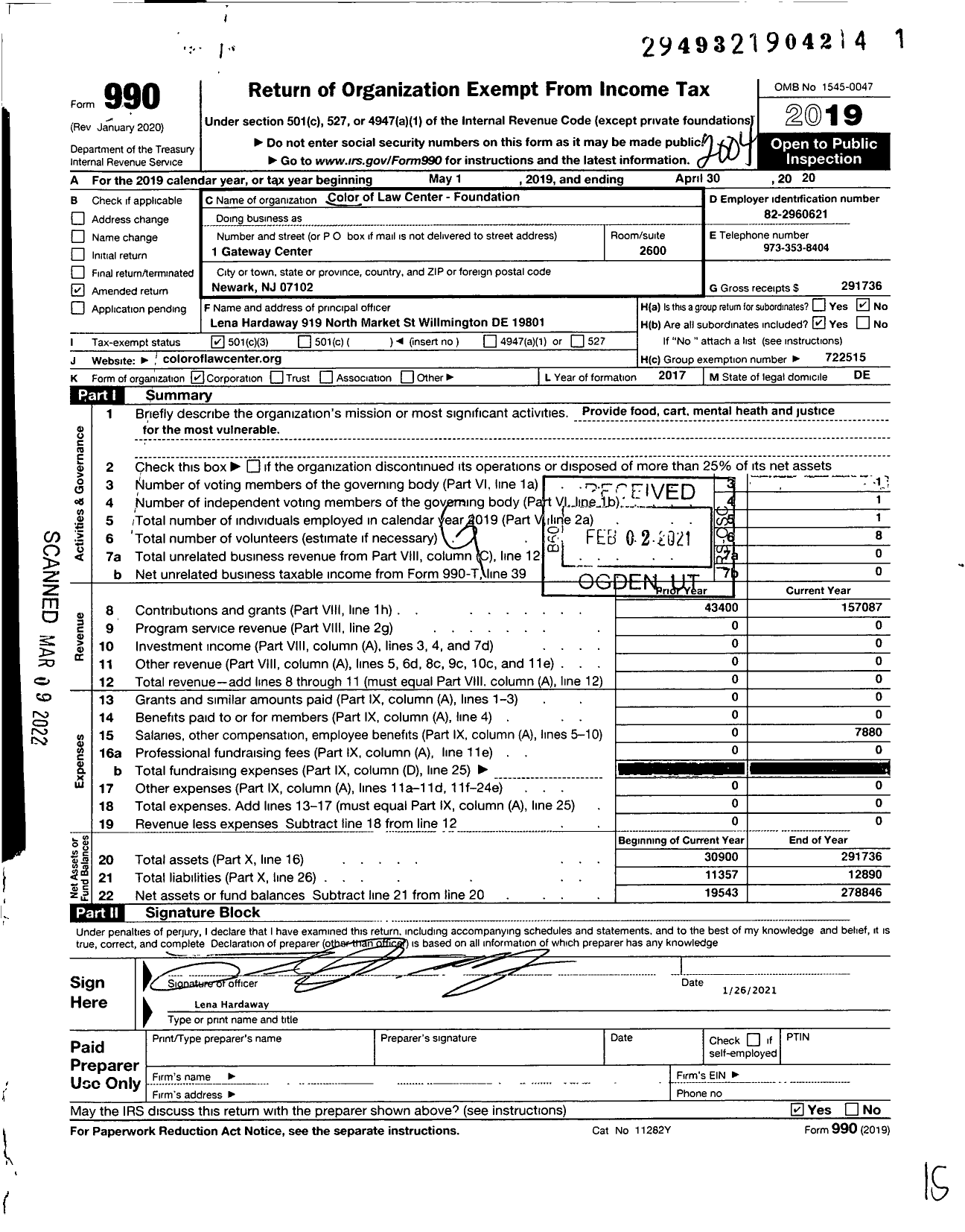 Image of first page of 2019 Form 990 for Color of Law Center - Foundation