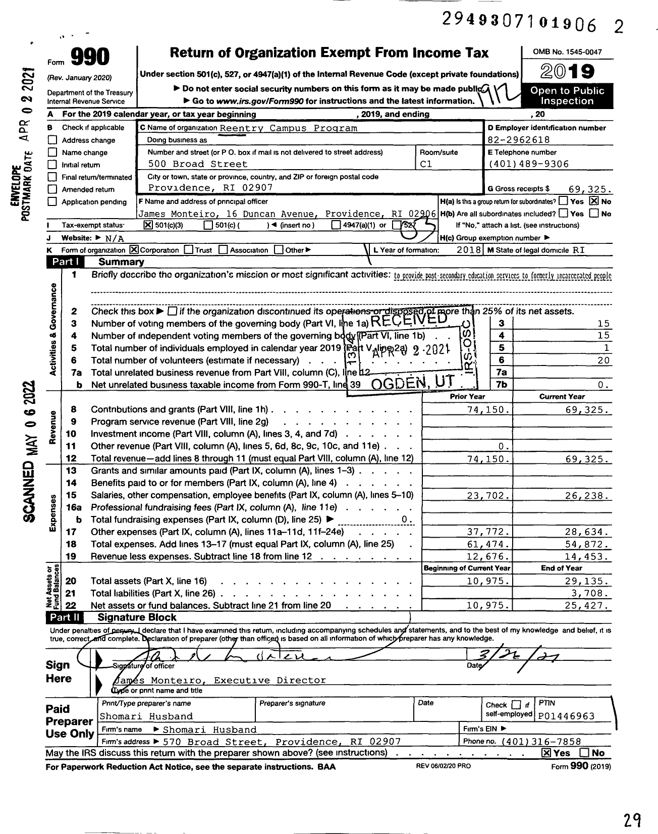 Image of first page of 2019 Form 990 for Reentry Campus Program