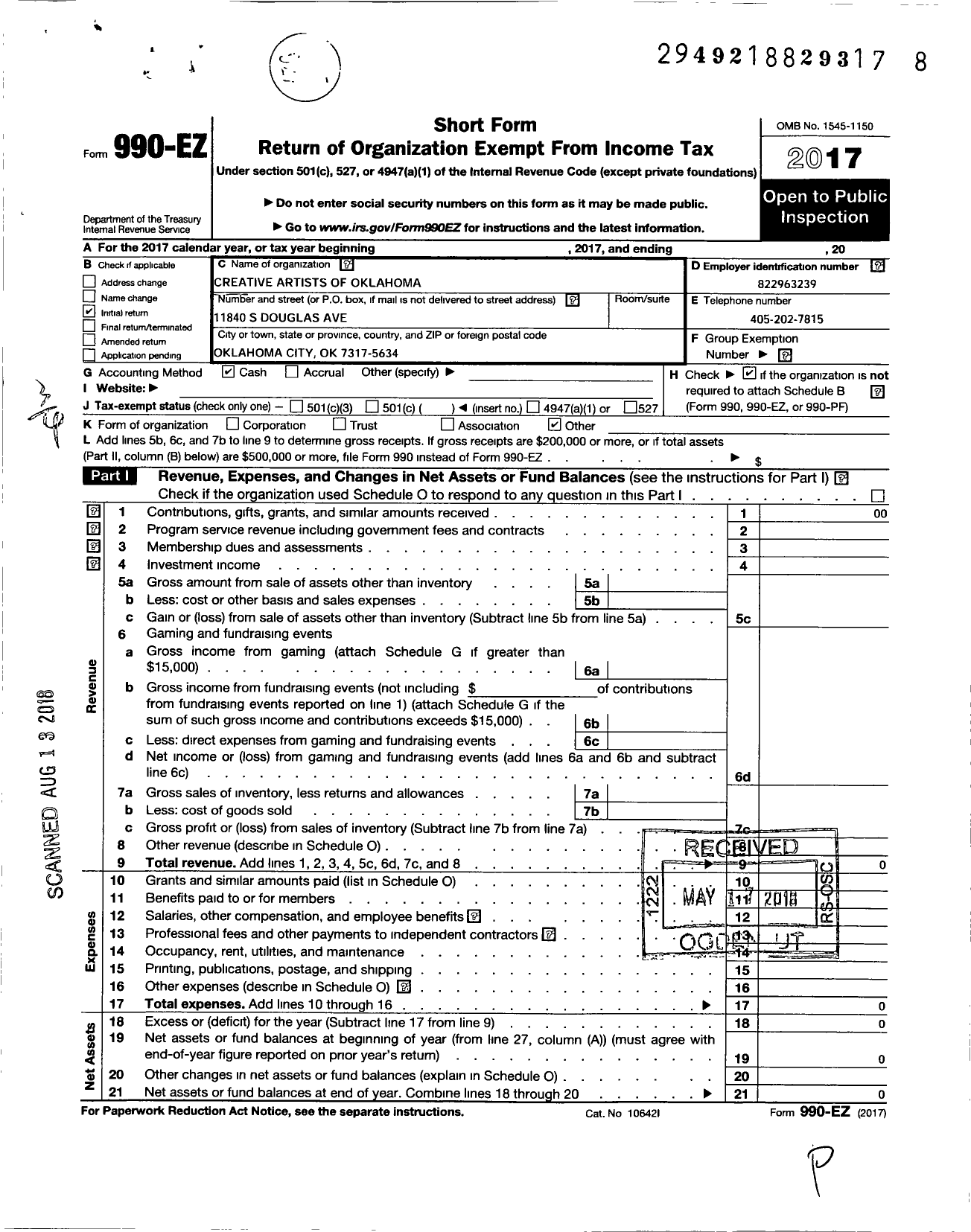 Image of first page of 2017 Form 990EO for Creative Artists of Oklahoma