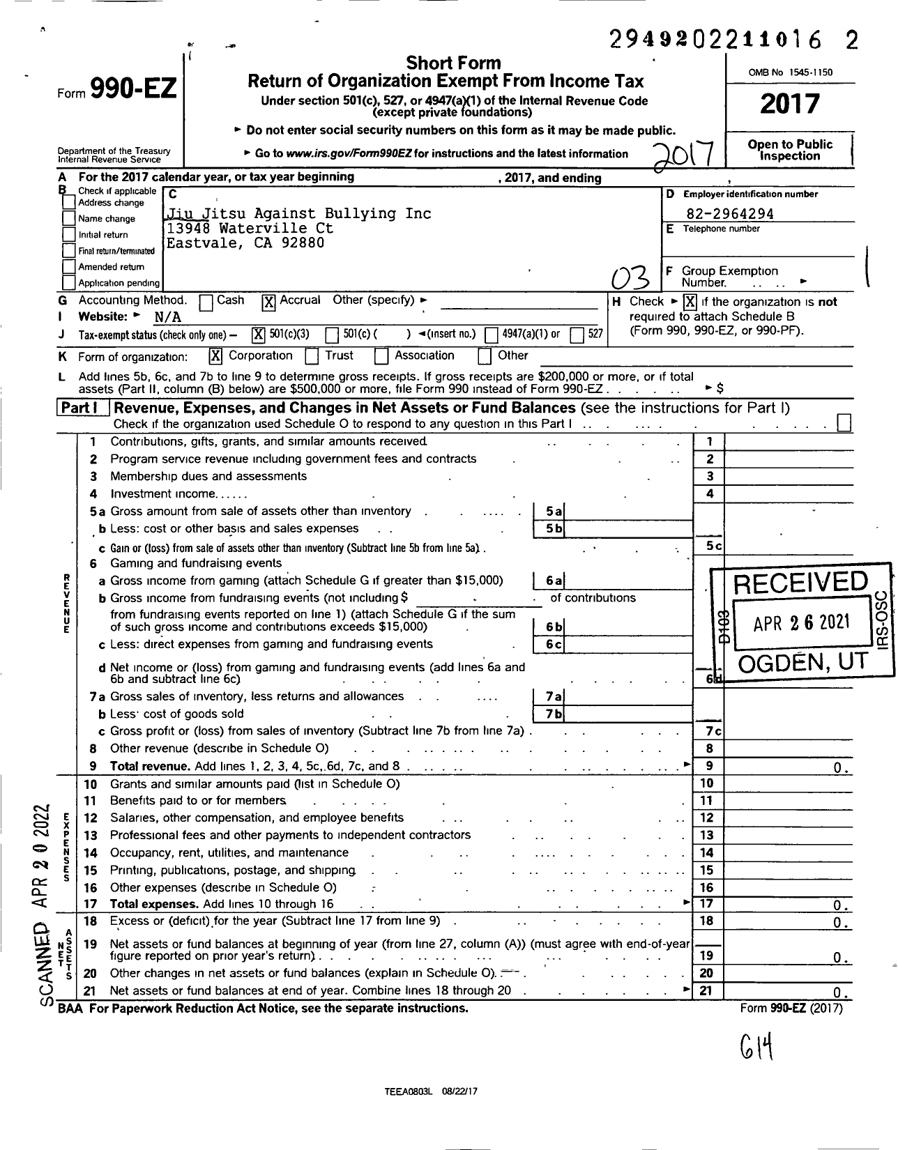 Image of first page of 2017 Form 990EZ for Jiu Jitsu Against Bullying