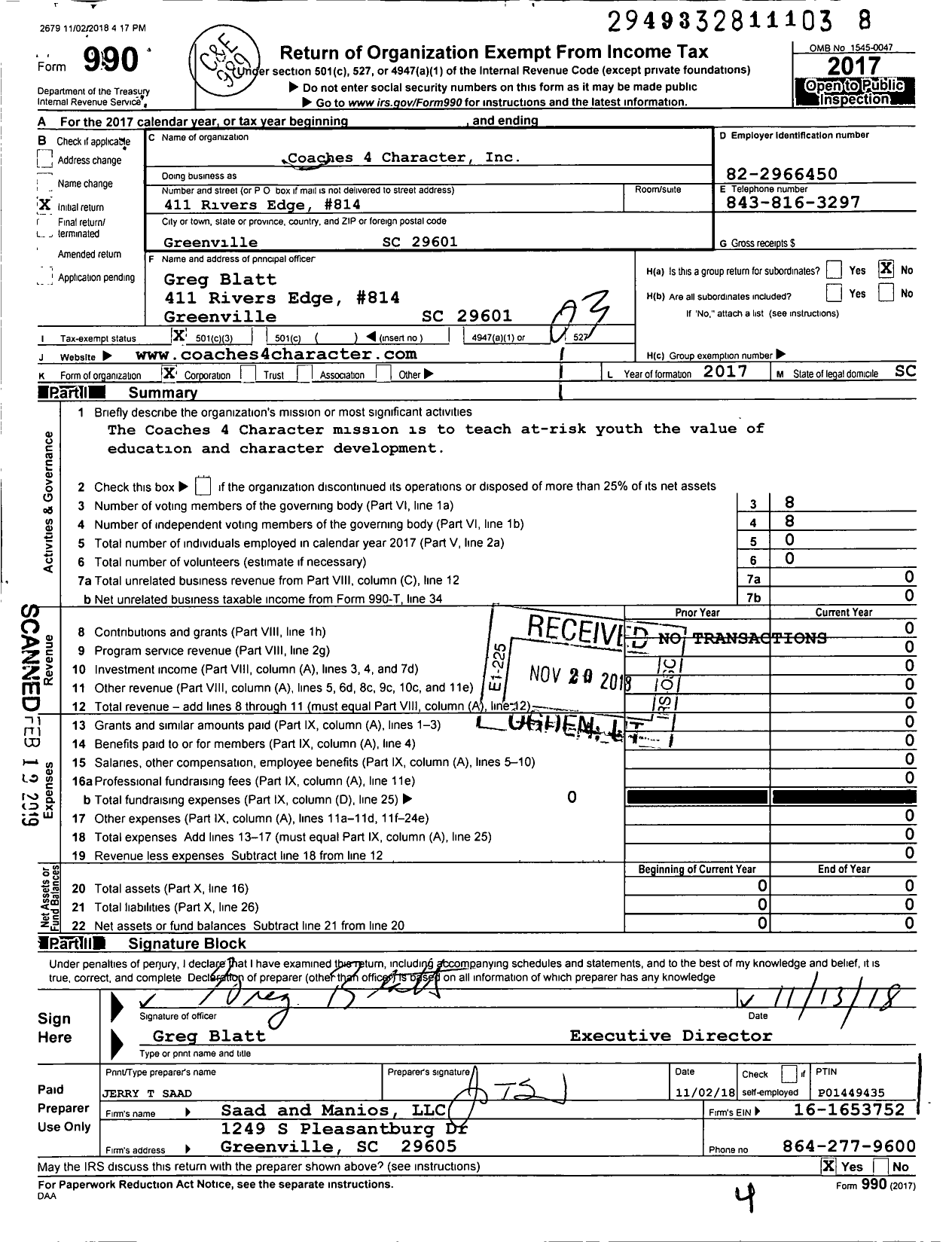 Image of first page of 2017 Form 990 for Coaches 4 Character