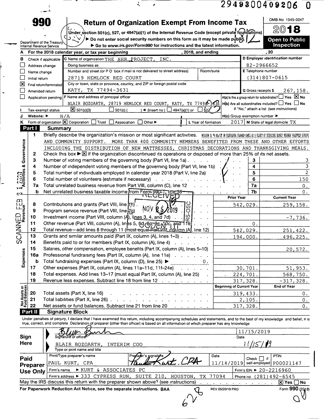 Image of first page of 2018 Form 990 for The HHR Project