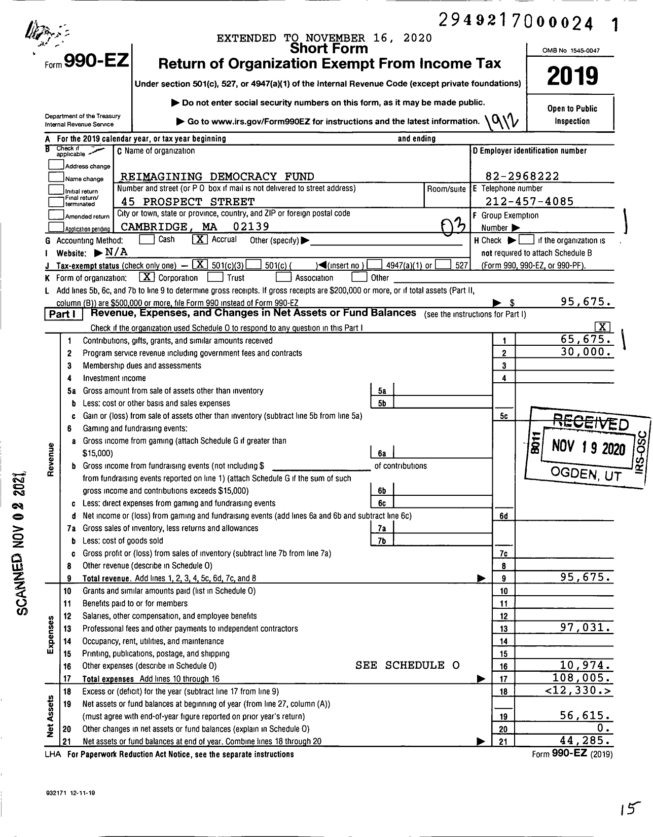 Image of first page of 2019 Form 990EZ for Reimagining Democracy Fund